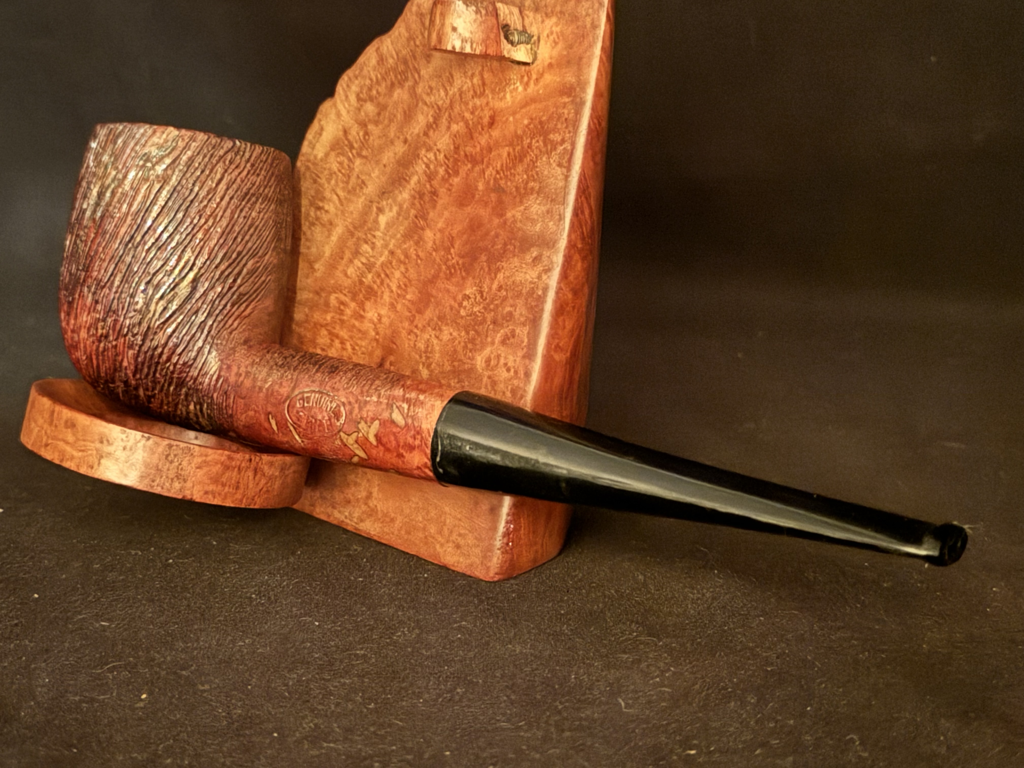 Genuine Briar Stamped Straight Billiard - Rustic Silk Brush Finish - Acrylic Fishtail Stem - Estate Pipe 8