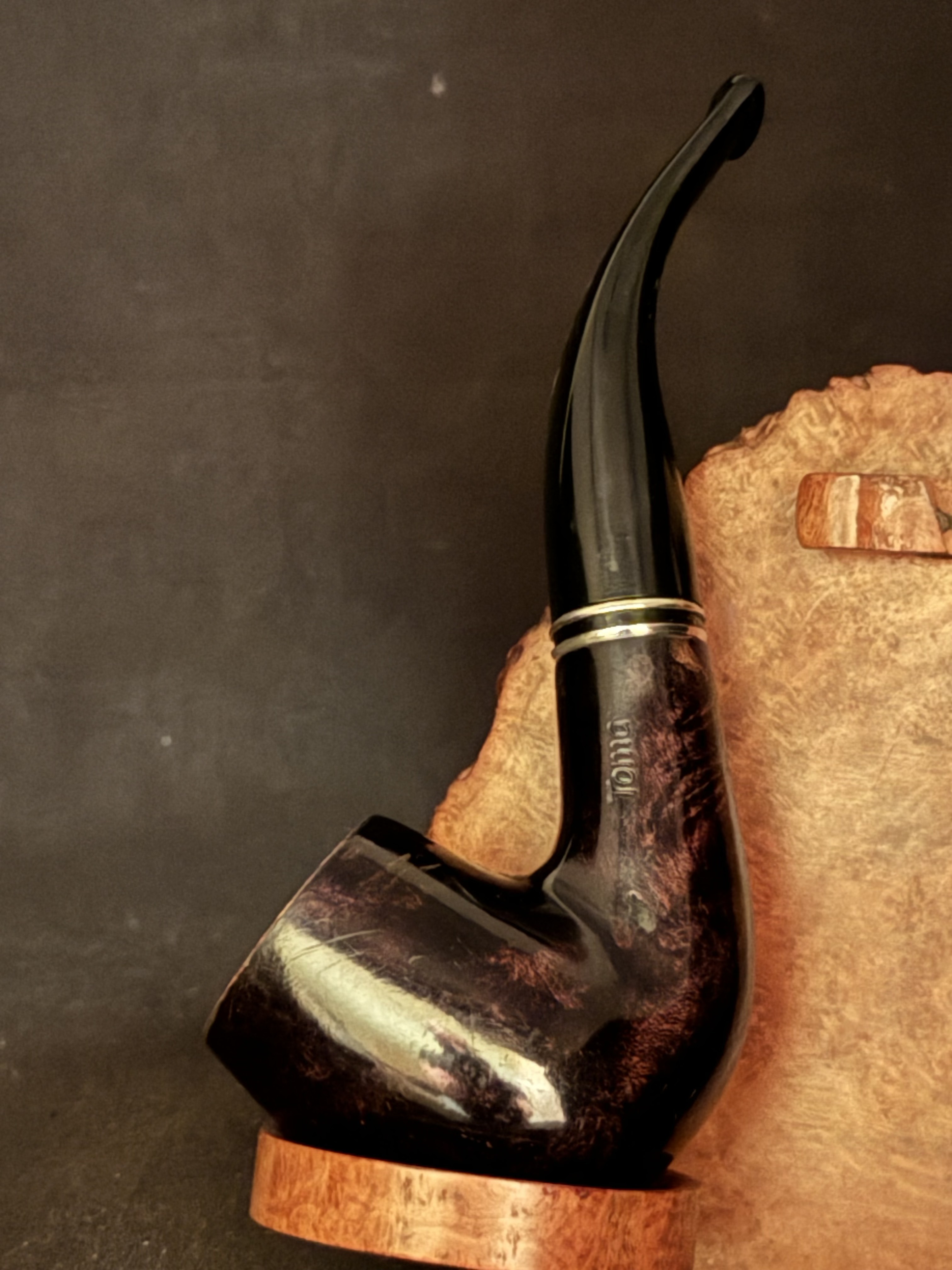TOMA Bent Billiard Smooth Briar Estate Pipe - Acrylic Taper Stem, Fishtail, 9mm Filter, Double Band