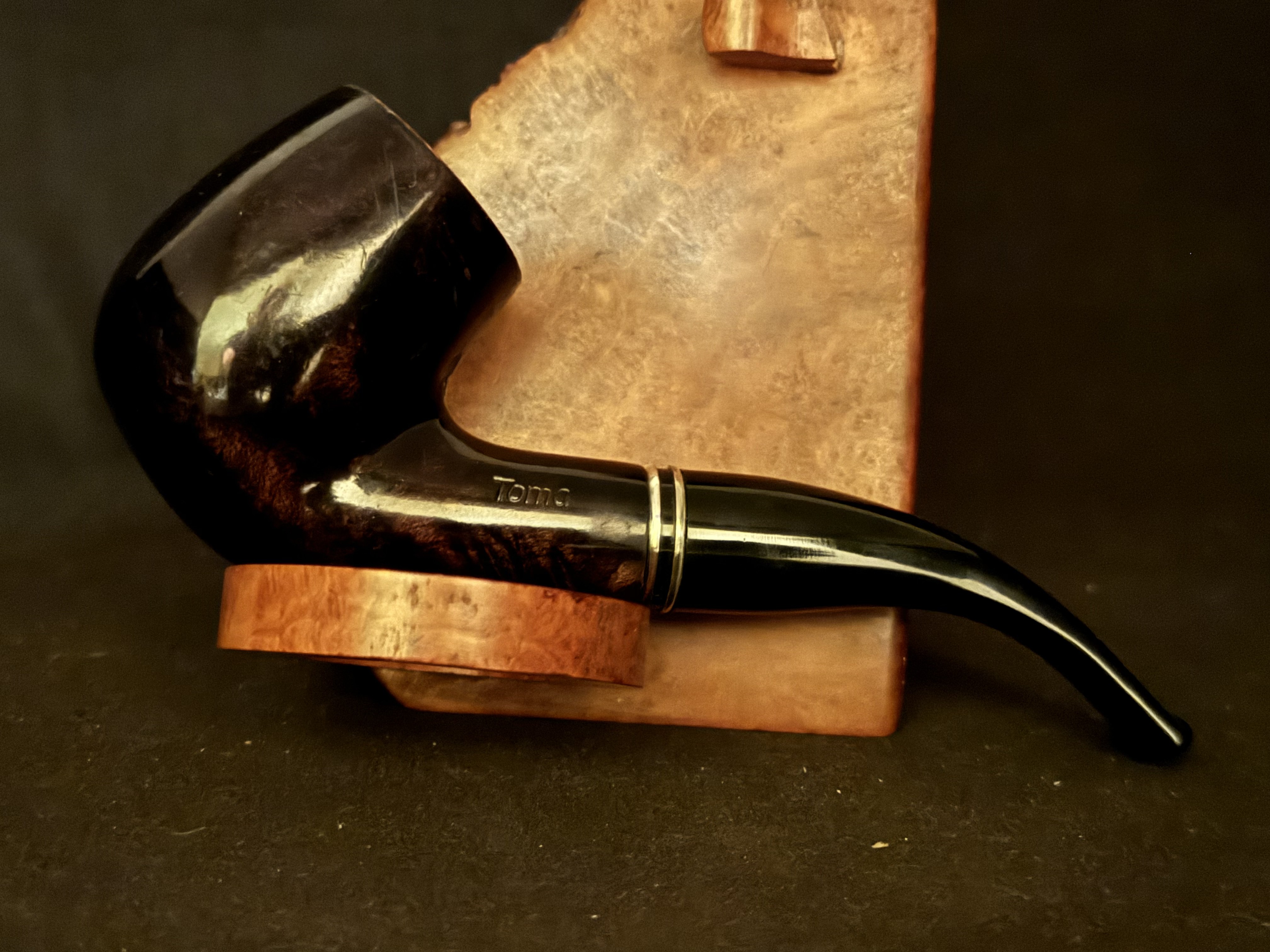 TOMA Bent Billiard Smooth Briar Estate Pipe - Acrylic Taper Stem, Fishtail, 9mm Filter, Double Band 3