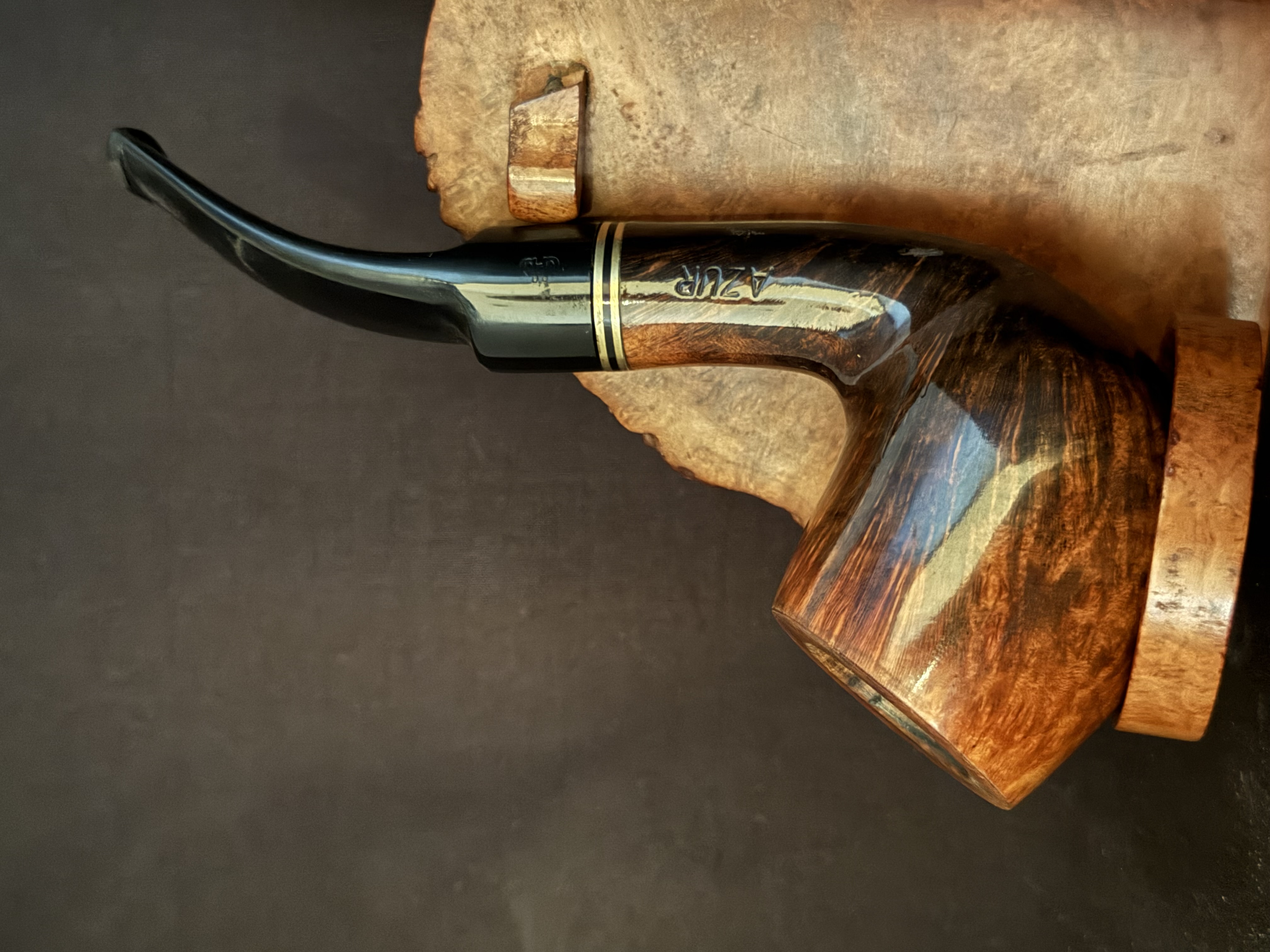 Azur Smooth Bent Billiard Estate Pipe, Glossy Brown, Acrylic Stem, 9mm Filter