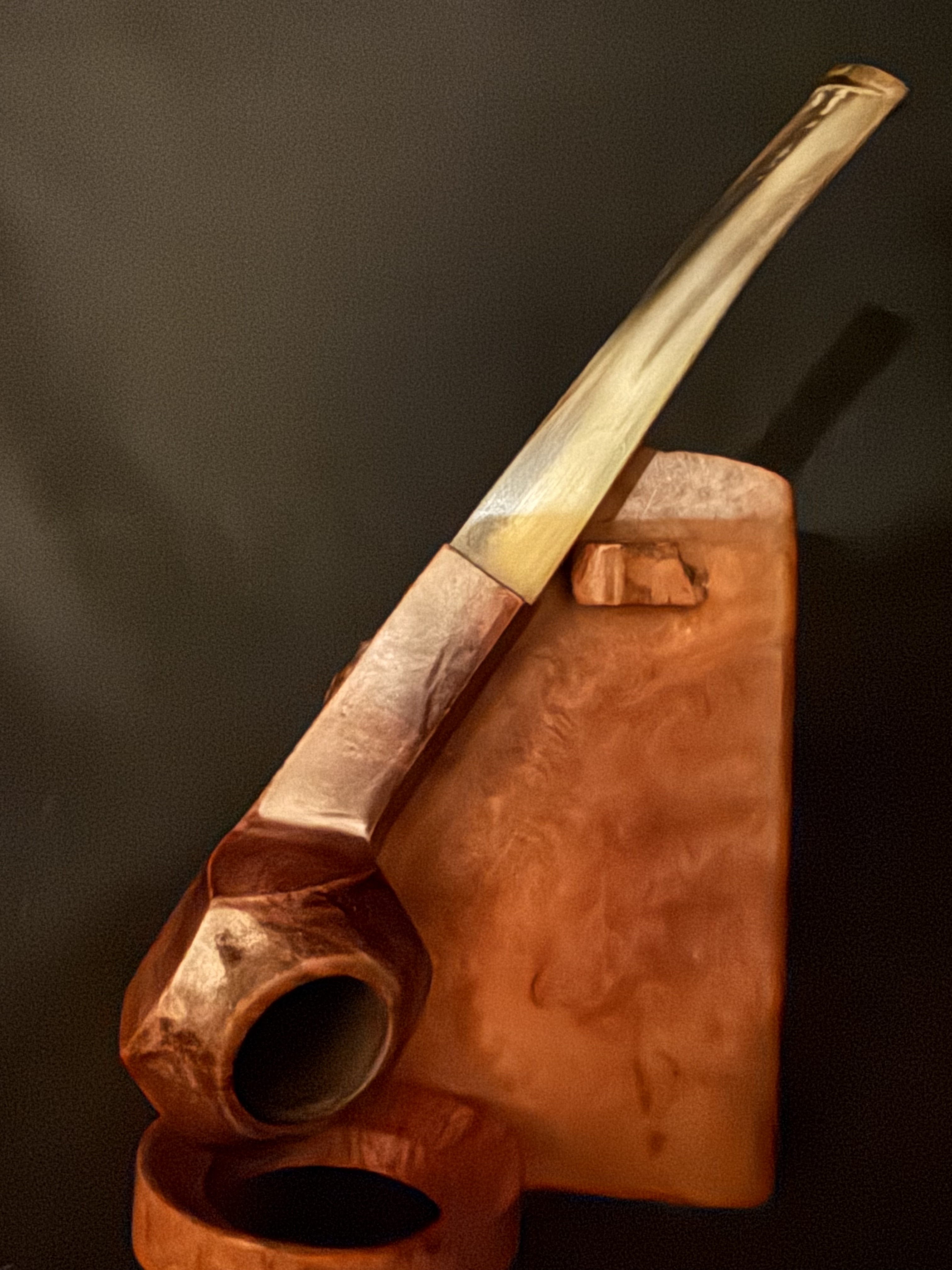 Holiday Real Briar Smooth Straight Hexagon Bowl Estate Pipe, Diamond Shank, Light Color Stem, Metal Tenon, Fishtail Bit 3