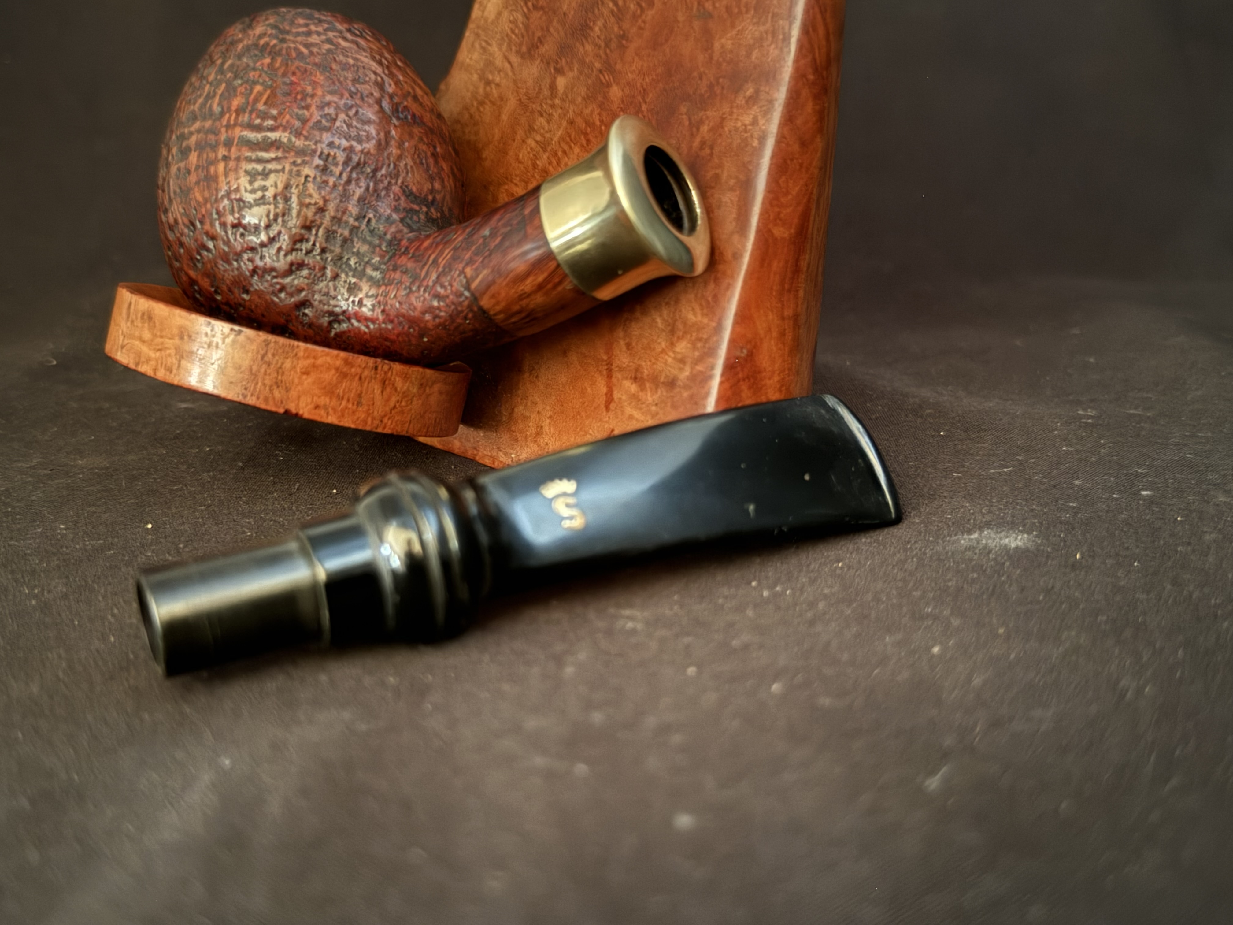 Stanwell Tulip Sandblast Bent Egg Estate Pipe, Acrylic Saddle Stem, Gold Tone Crown S Logo, 9mm Filter, Made in Denmark 10