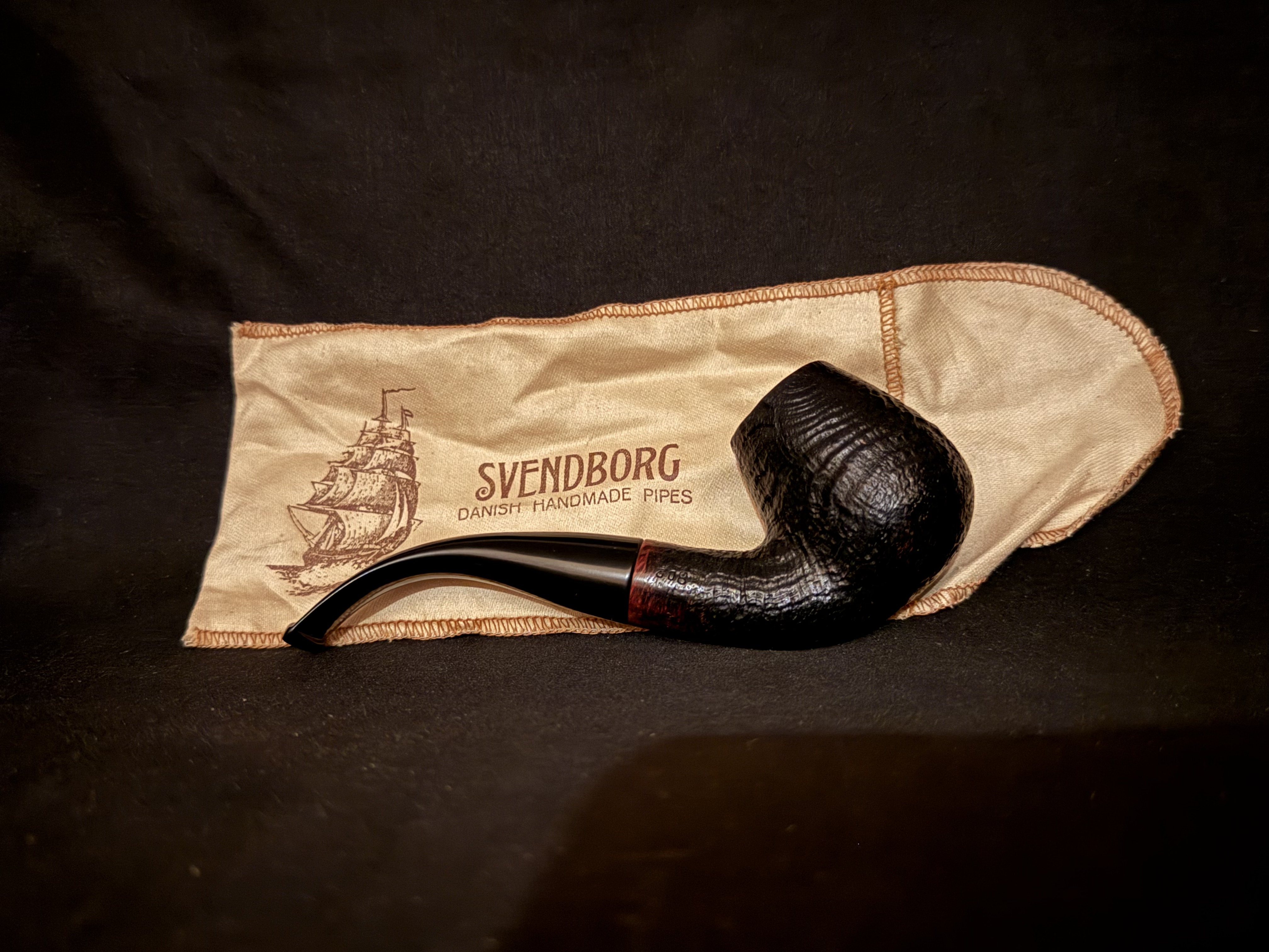 Svendborg Bark 308 Sandblast Bent Brandy Pipe, Danish Hand Made, with Sleeve 16