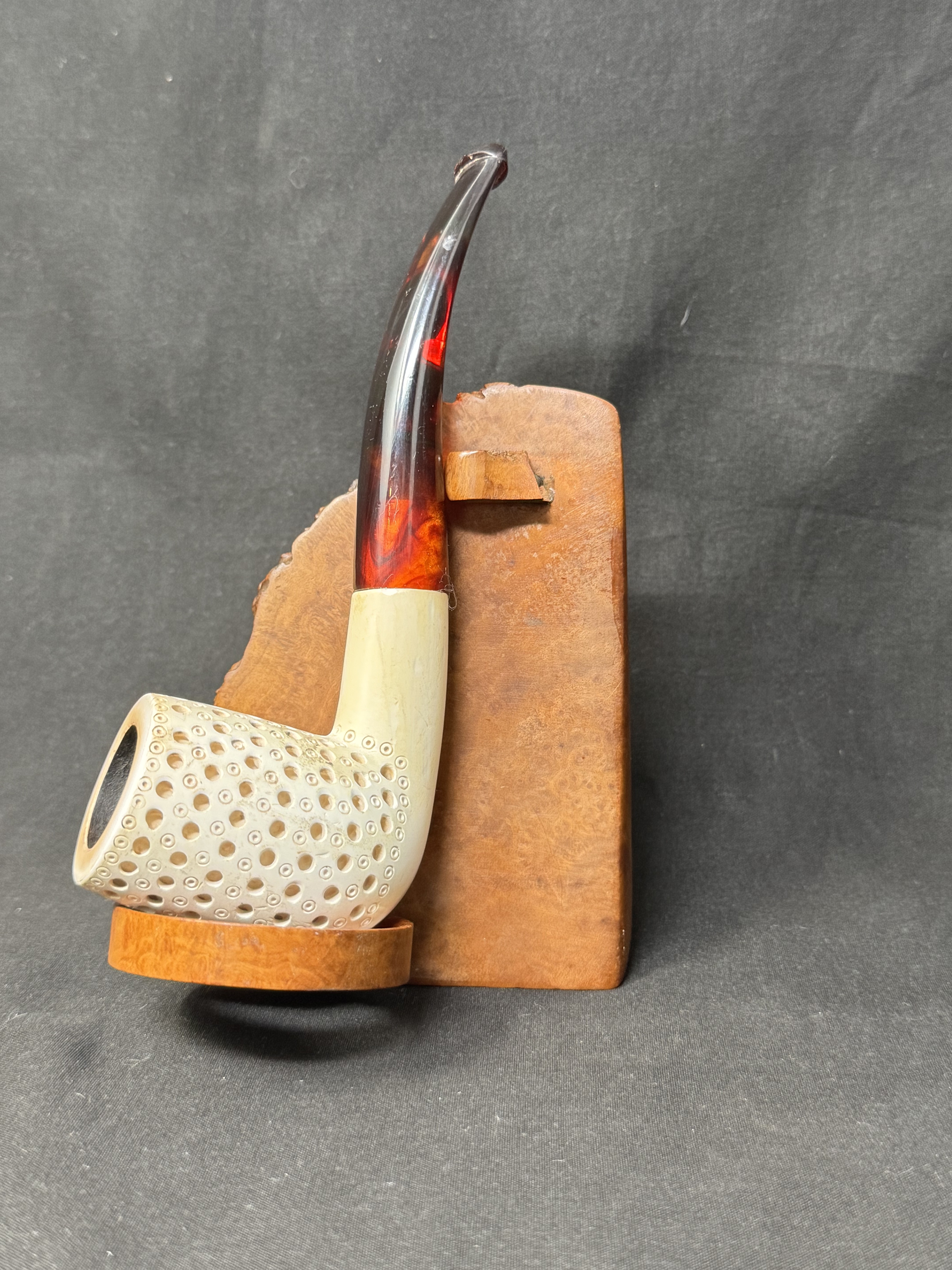 Turkish Estate Meerschaum Bent Rusticated Pipe, Amber Stem, 9mm Filter
