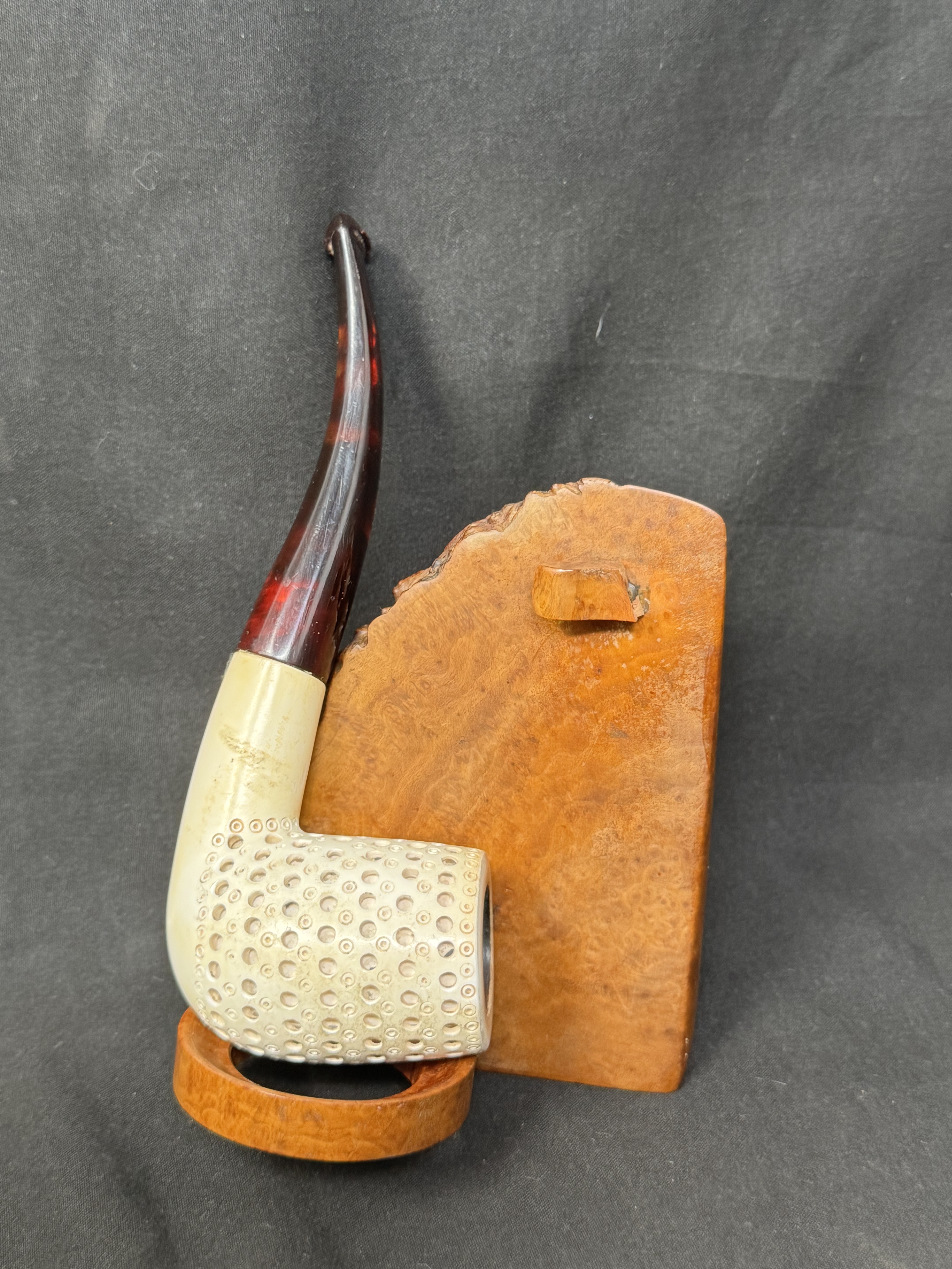 Turkish Estate Meerschaum Bent Rusticated Pipe, Amber Stem, 9mm Filter 2
