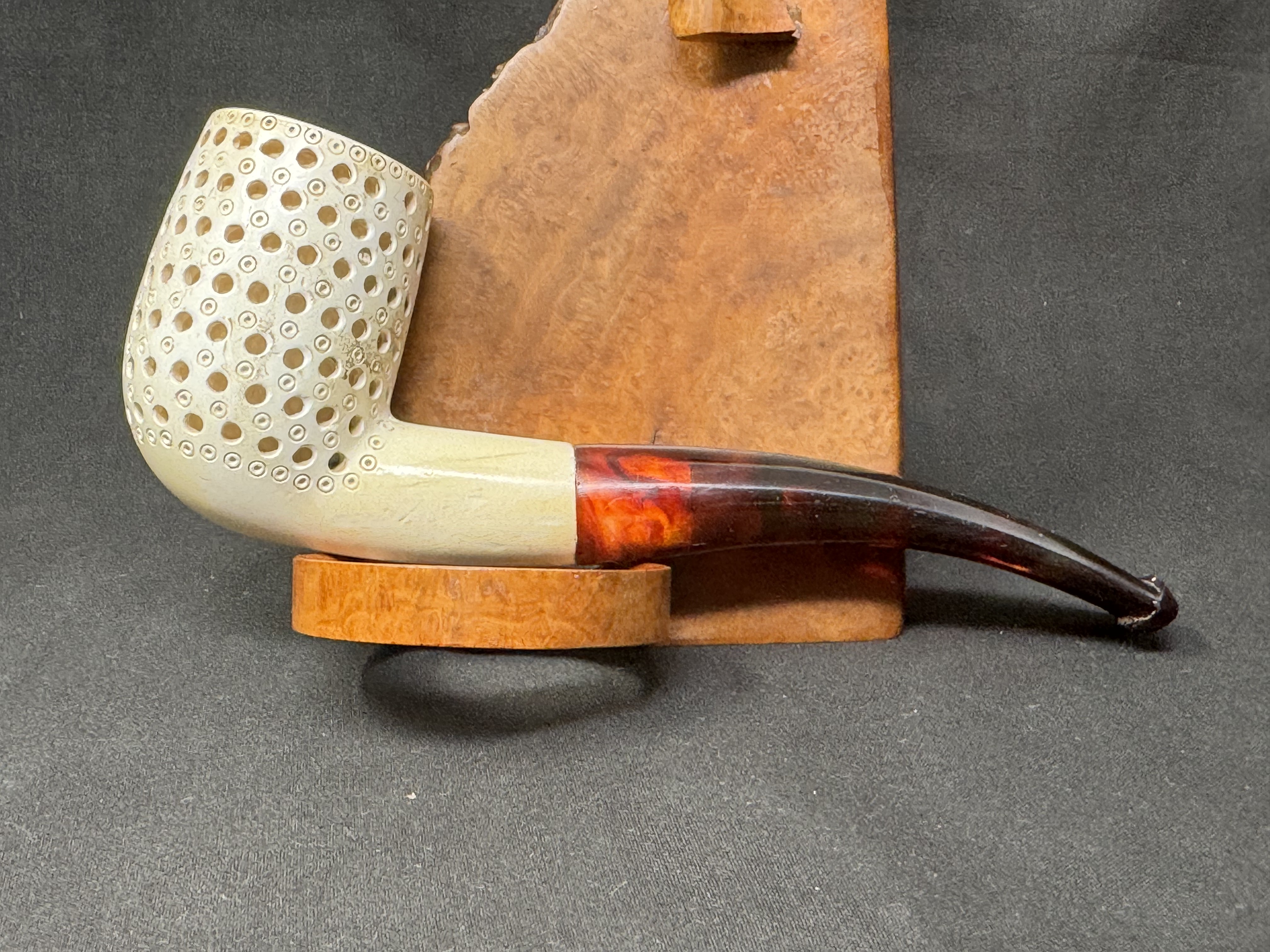 Turkish Estate Meerschaum Bent Rusticated Pipe, Amber Stem, 9mm Filter 3