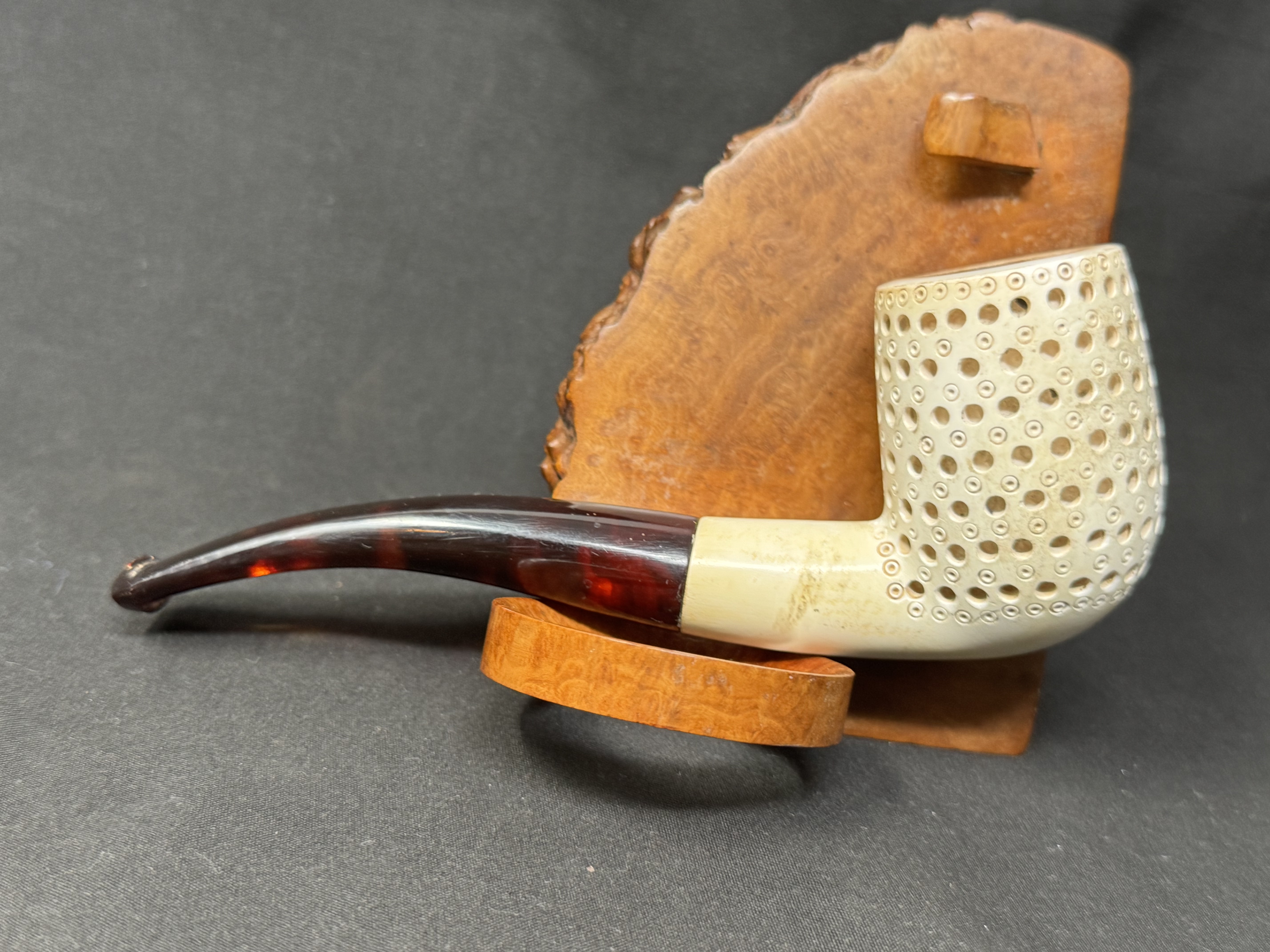 Turkish Estate Meerschaum Bent Rusticated Pipe, Amber Stem, 9mm Filter 4
