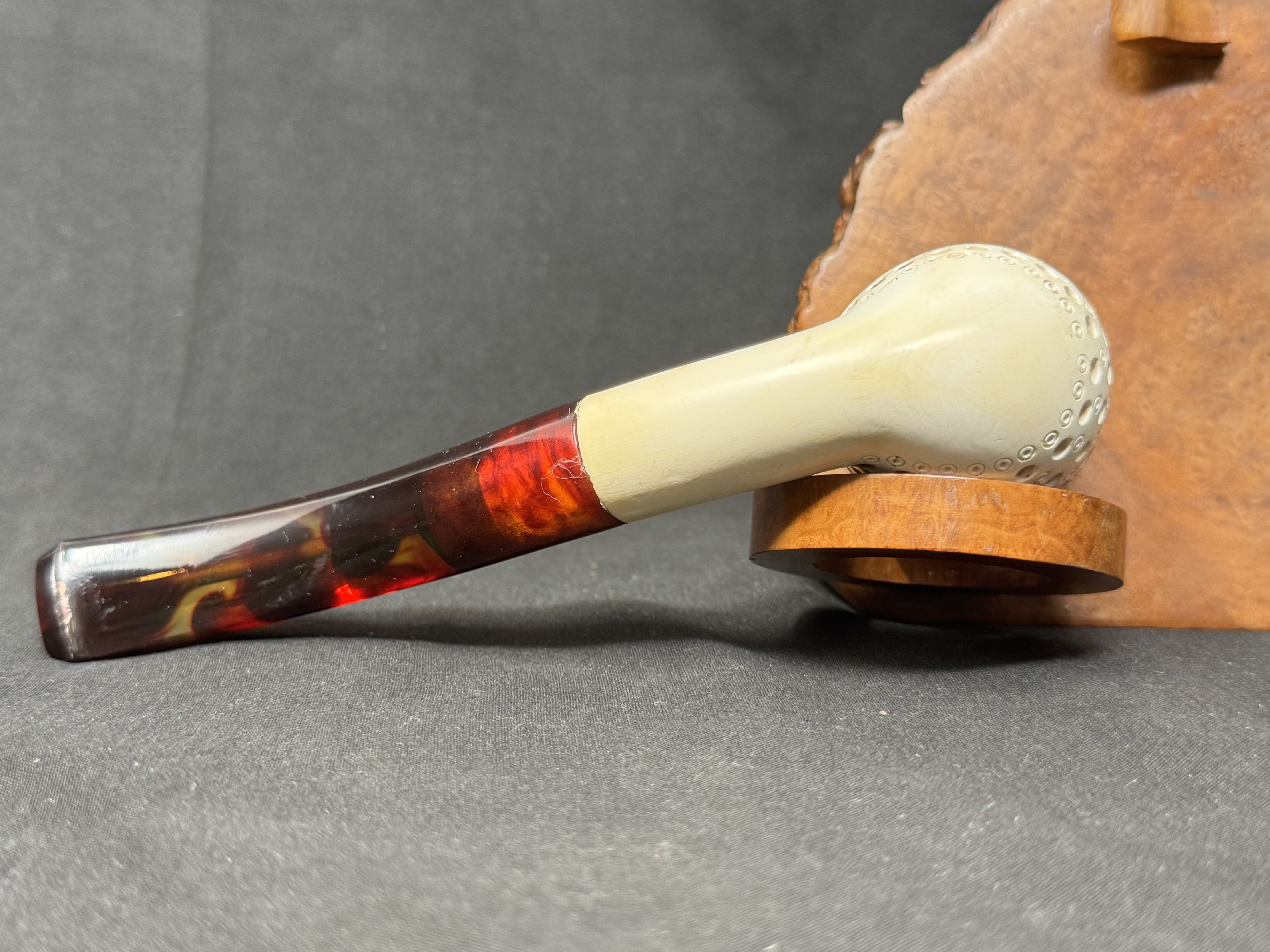 Turkish Estate Meerschaum Bent Rusticated Pipe, Amber Stem, 9mm Filter 6