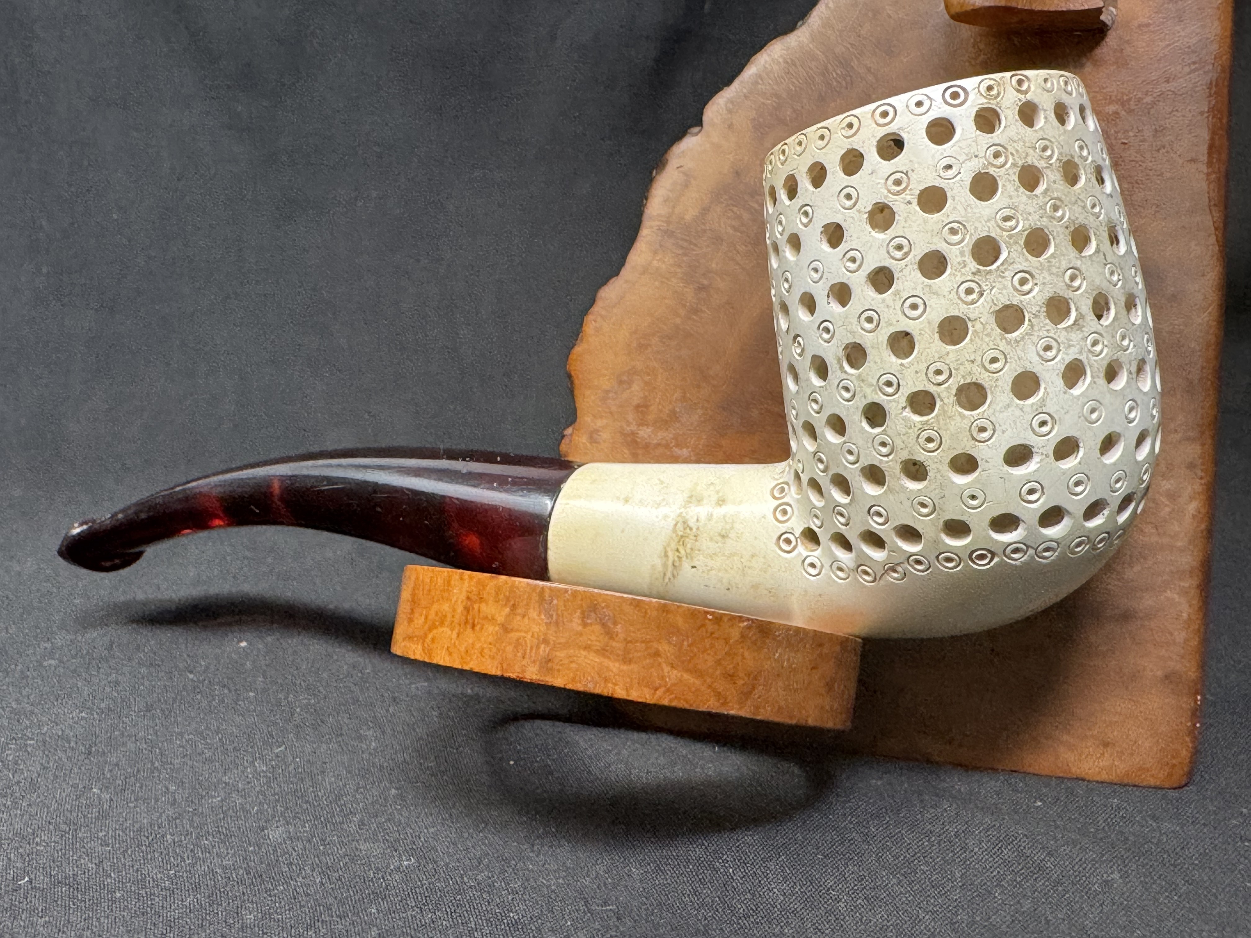 Turkish Estate Meerschaum Bent Rusticated Pipe, Amber Stem, 9mm Filter 7
