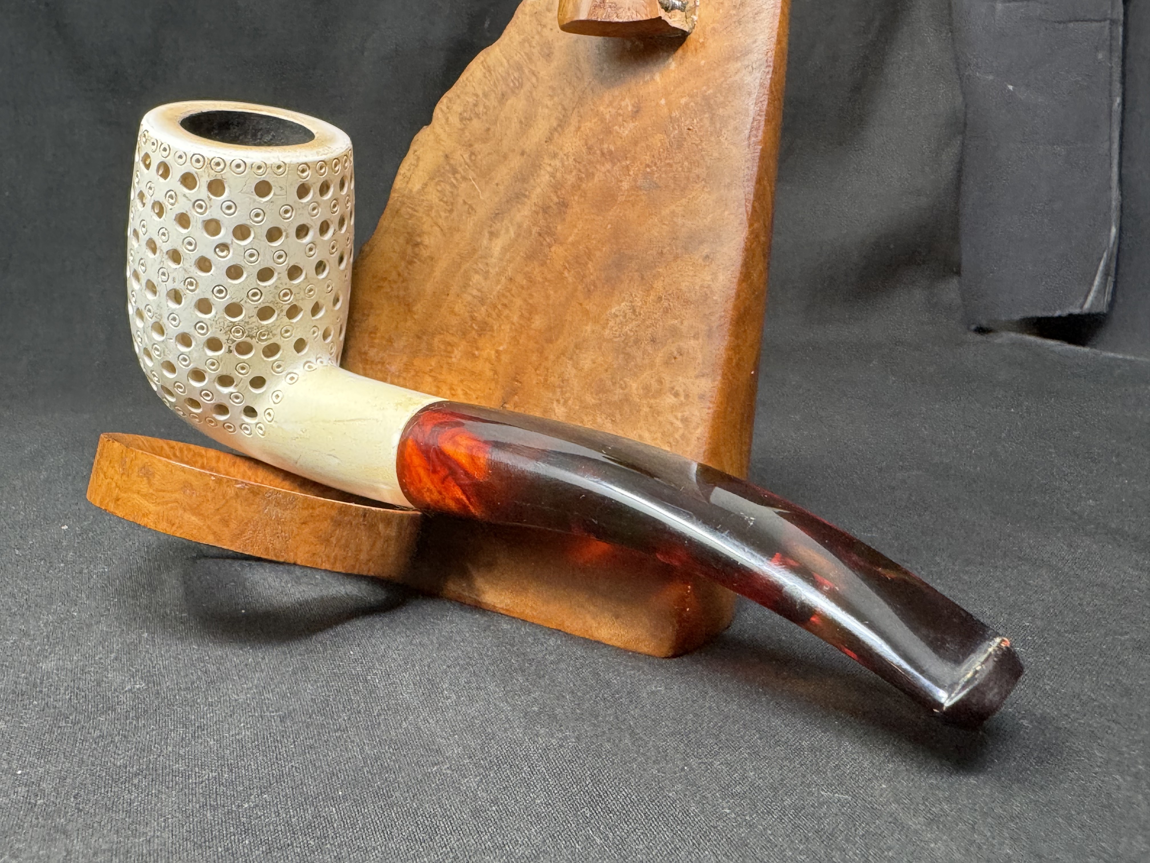 Turkish Estate Meerschaum Bent Rusticated Pipe, Amber Stem, 9mm Filter 8