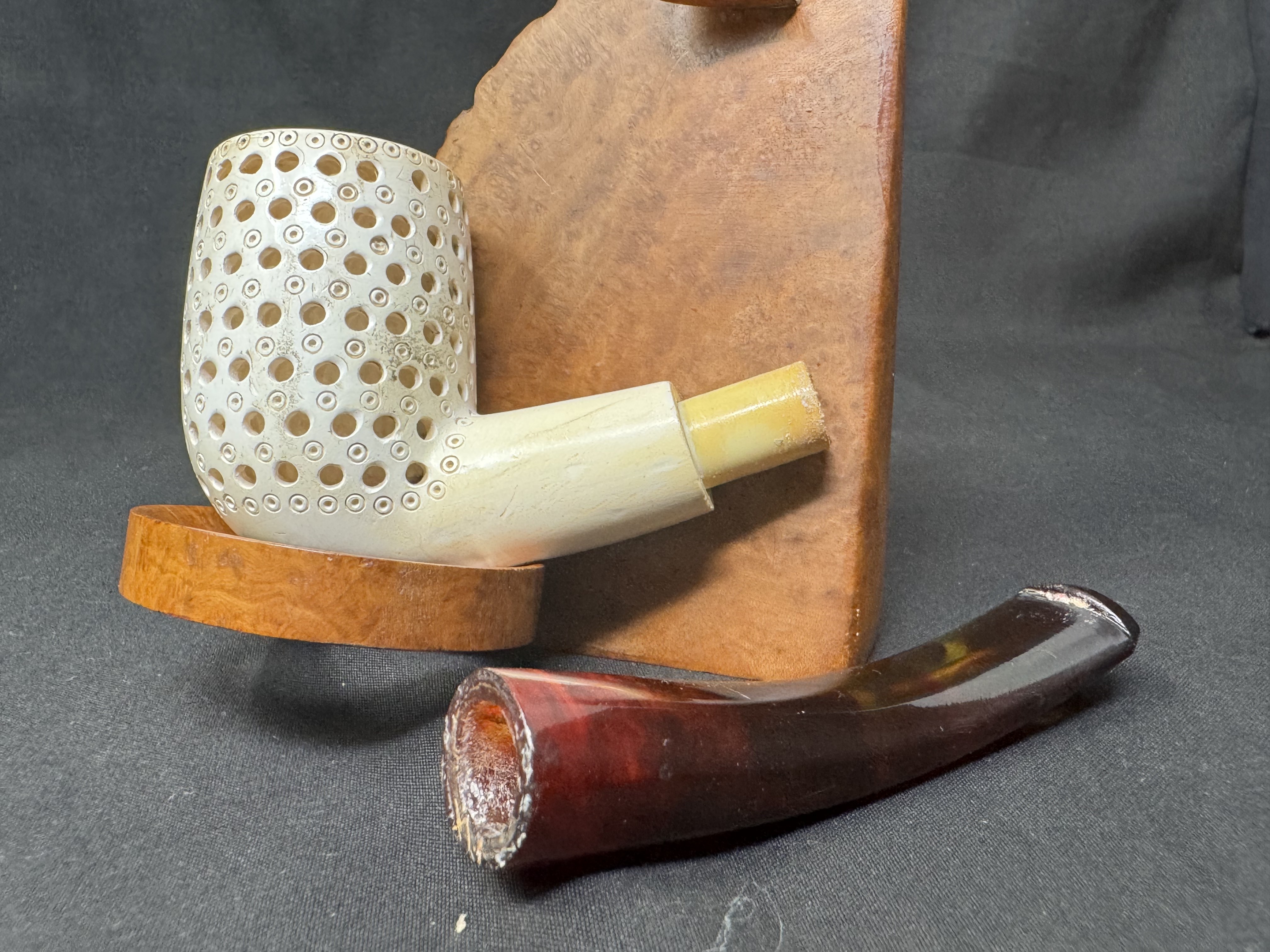 Turkish Estate Meerschaum Bent Rusticated Pipe, Amber Stem, 9mm Filter 9