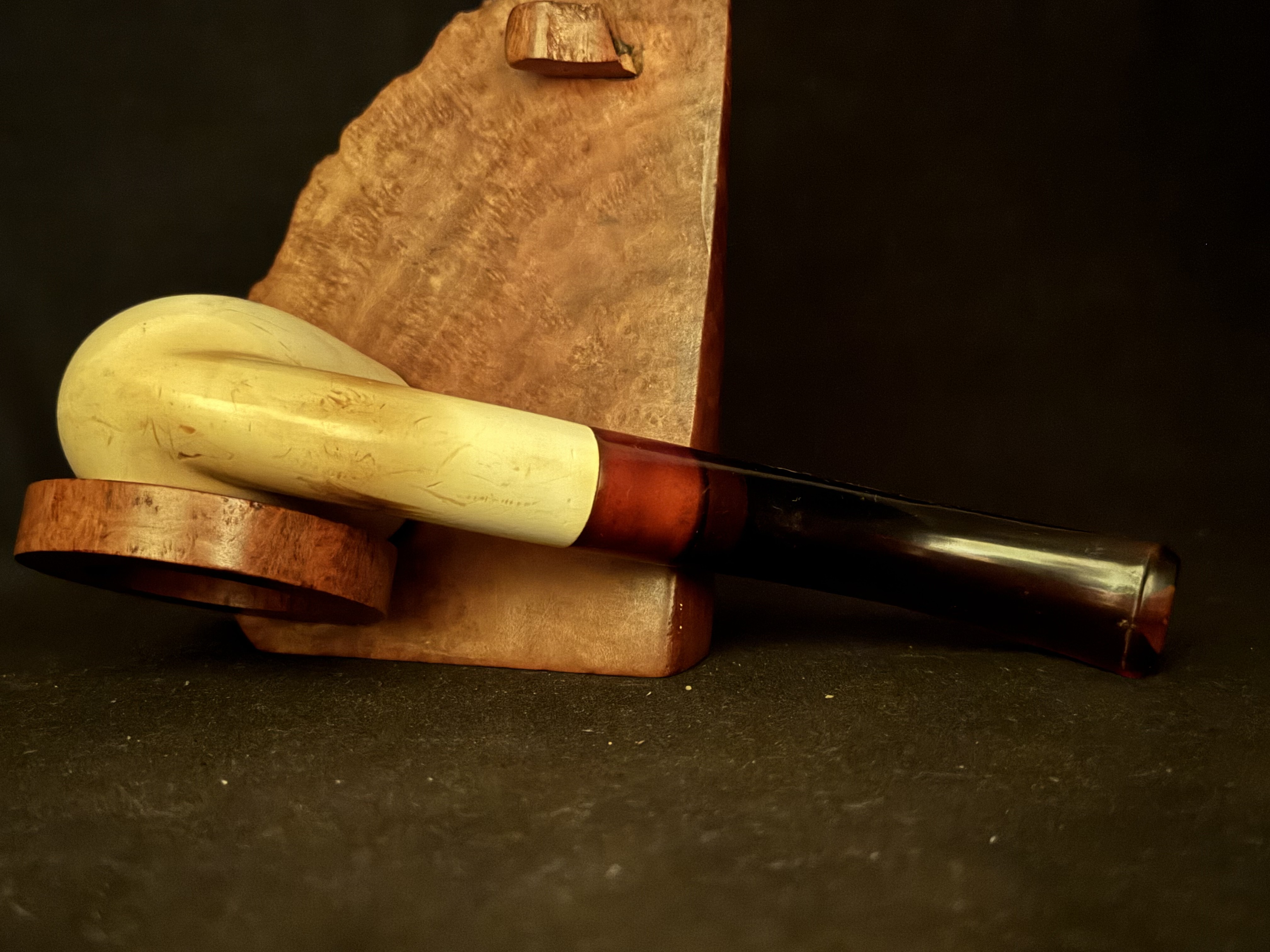 Smooth Bent Brandy Meerschaum Pipe - Red Bakelite Fishtail Stem, 9mm Filter - Estate 6