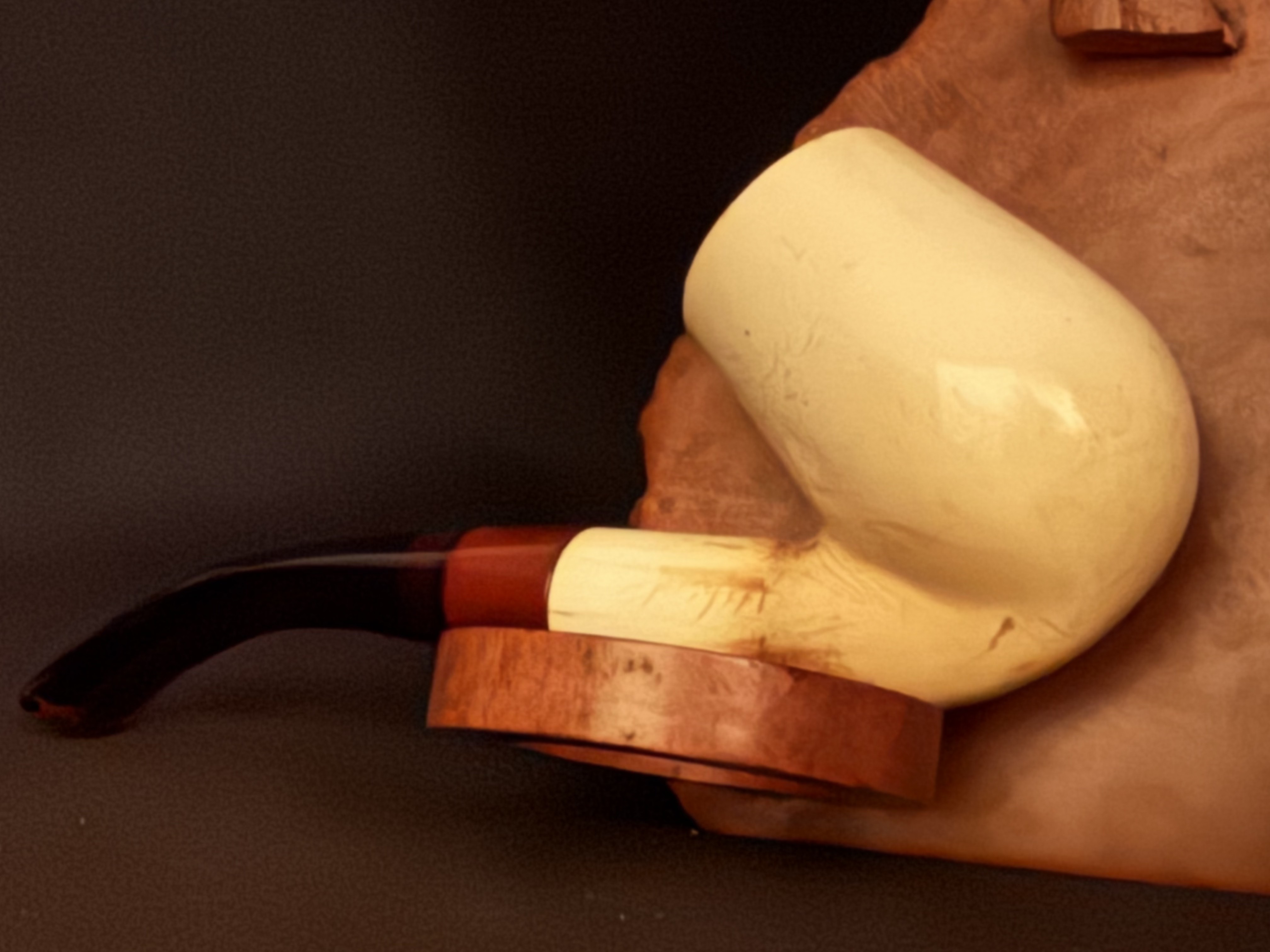 Smooth Bent Brandy Meerschaum Pipe - Red Bakelite Fishtail Stem, 9mm Filter - Estate 4