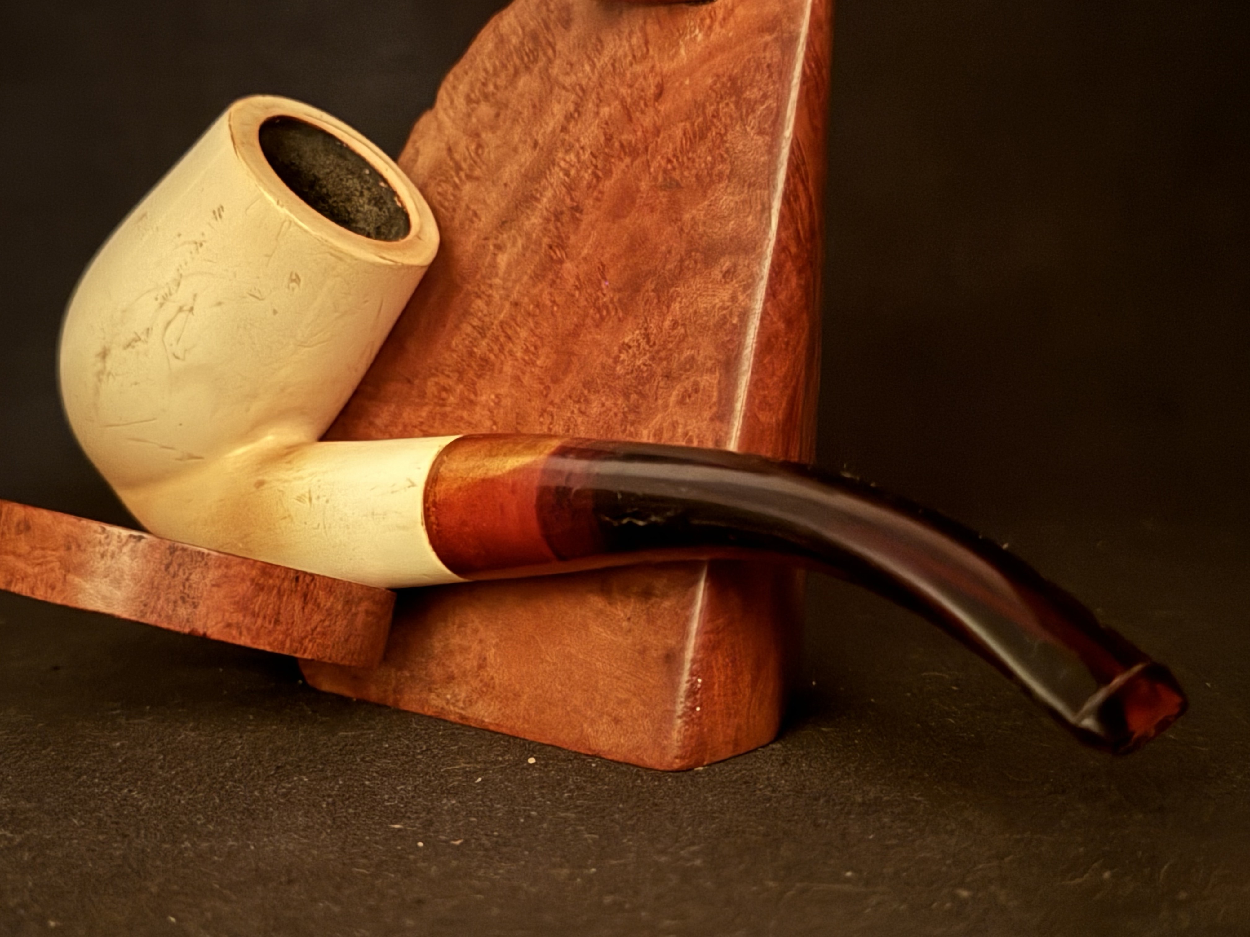 Smooth Bent Brandy Meerschaum Pipe - Red Bakelite Fishtail Stem, 9mm Filter - Estate 8