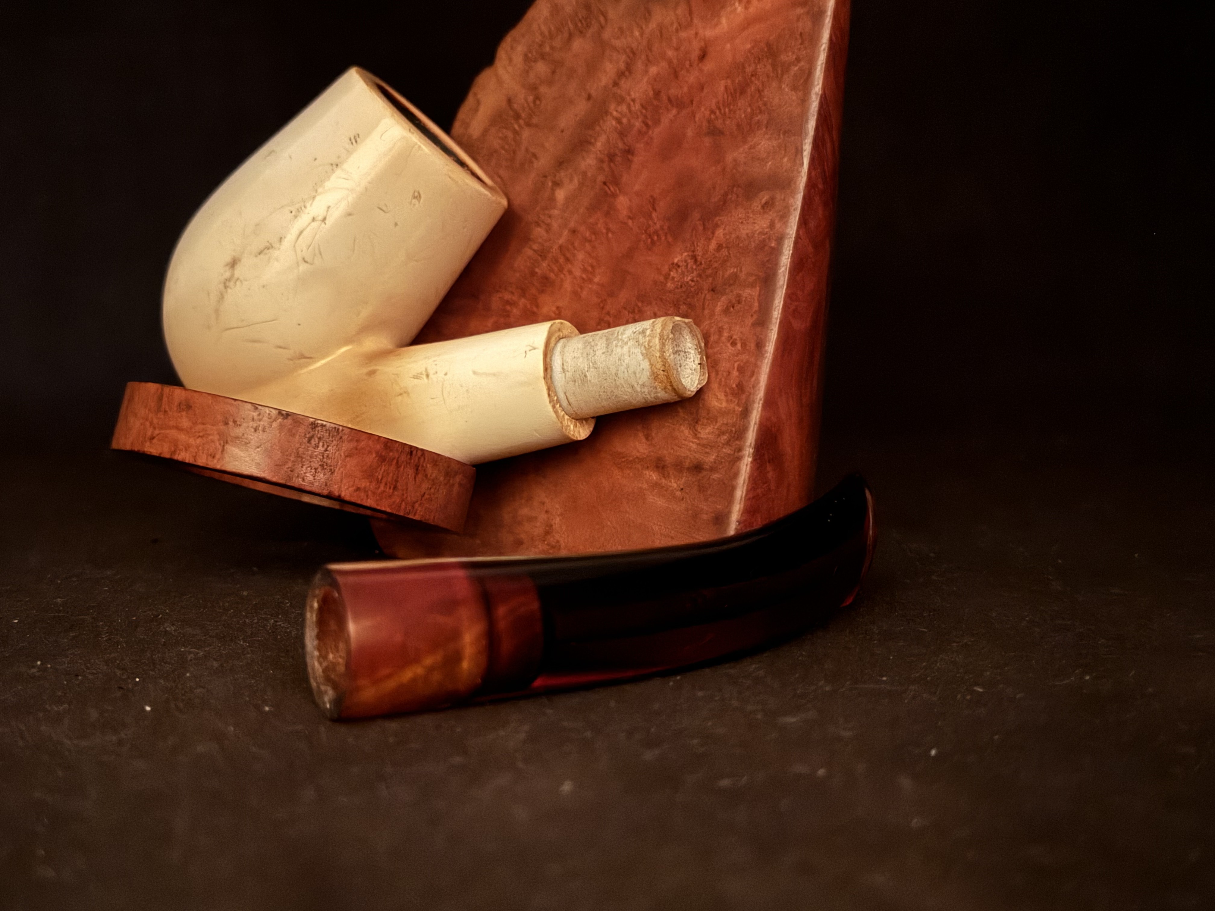Smooth Bent Brandy Meerschaum Pipe - Red Bakelite Fishtail Stem, 9mm Filter - Estate 7