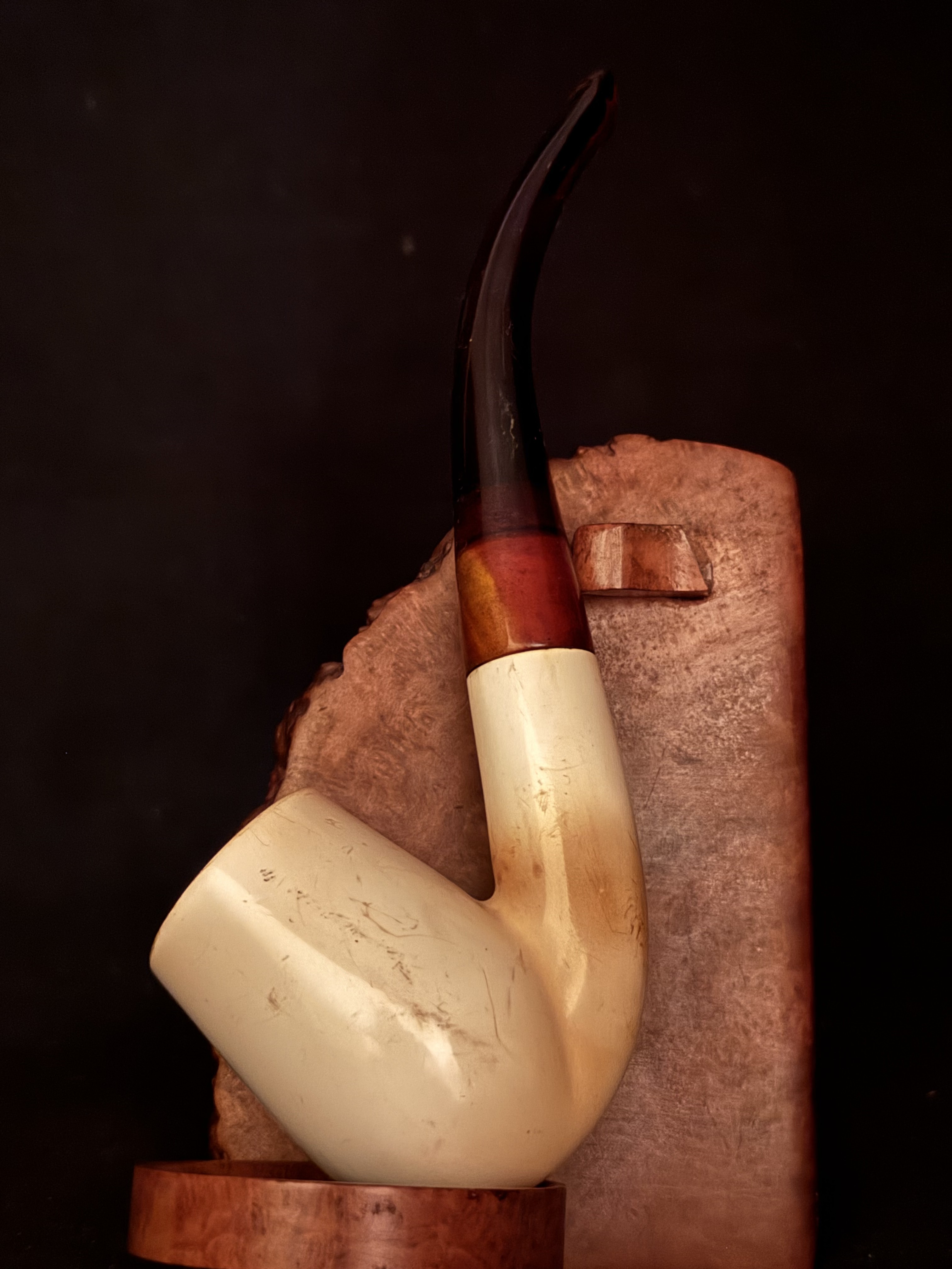 Smooth Bent Brandy Meerschaum Pipe - Red Bakelite Fishtail Stem, 9mm Filter - Estate