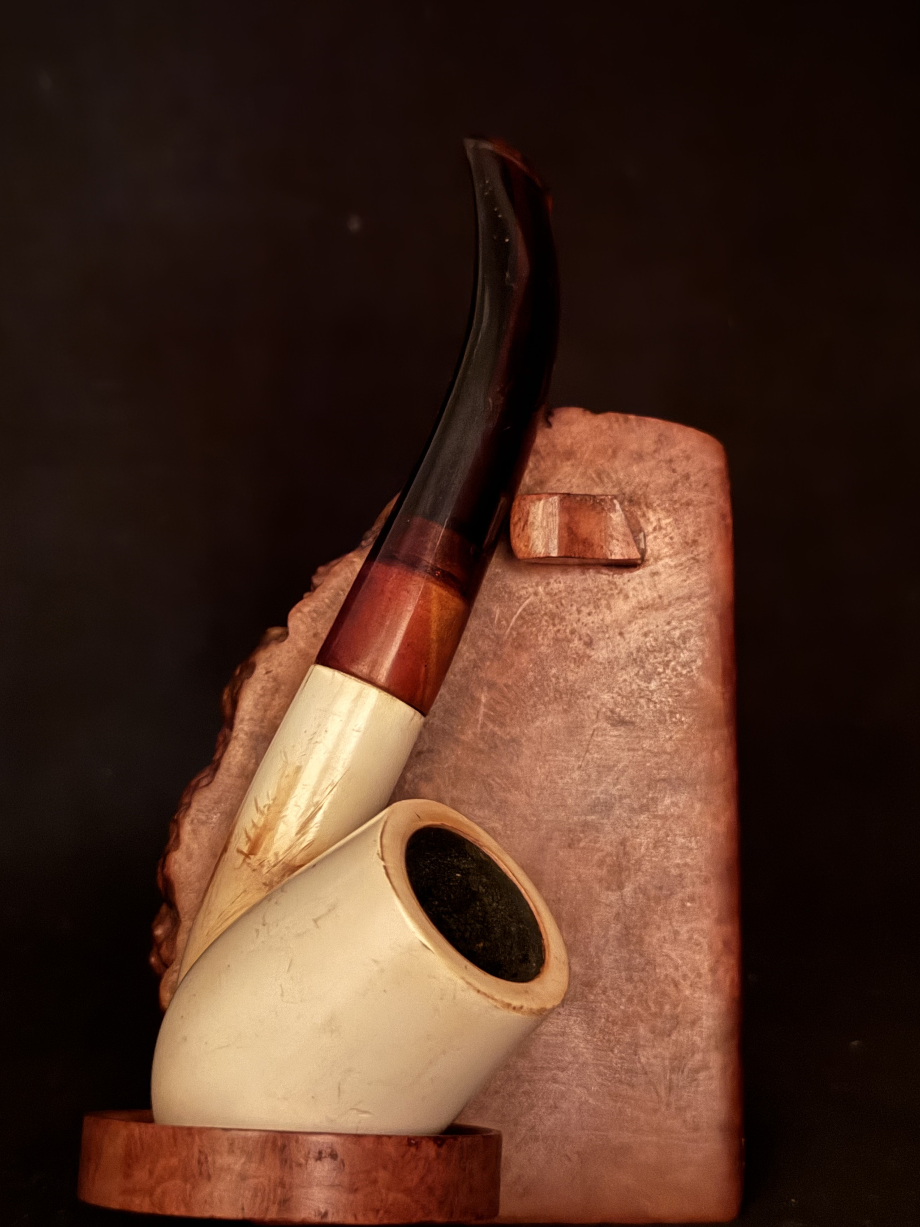 Smooth Bent Brandy Meerschaum Pipe - Red Bakelite Fishtail Stem, 9mm Filter - Estate 2