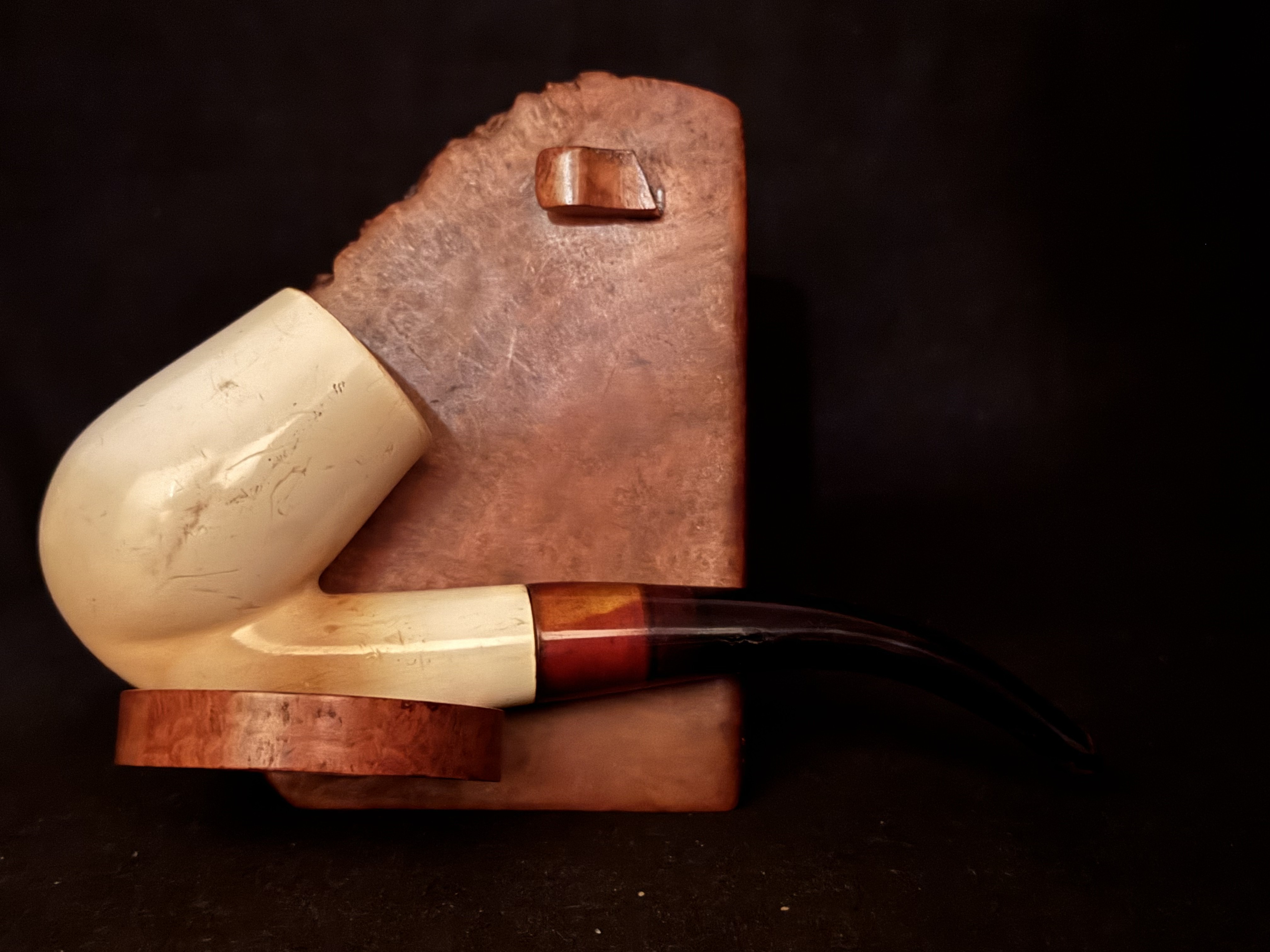 Smooth Bent Brandy Meerschaum Pipe - Red Bakelite Fishtail Stem, 9mm Filter - Estate 3