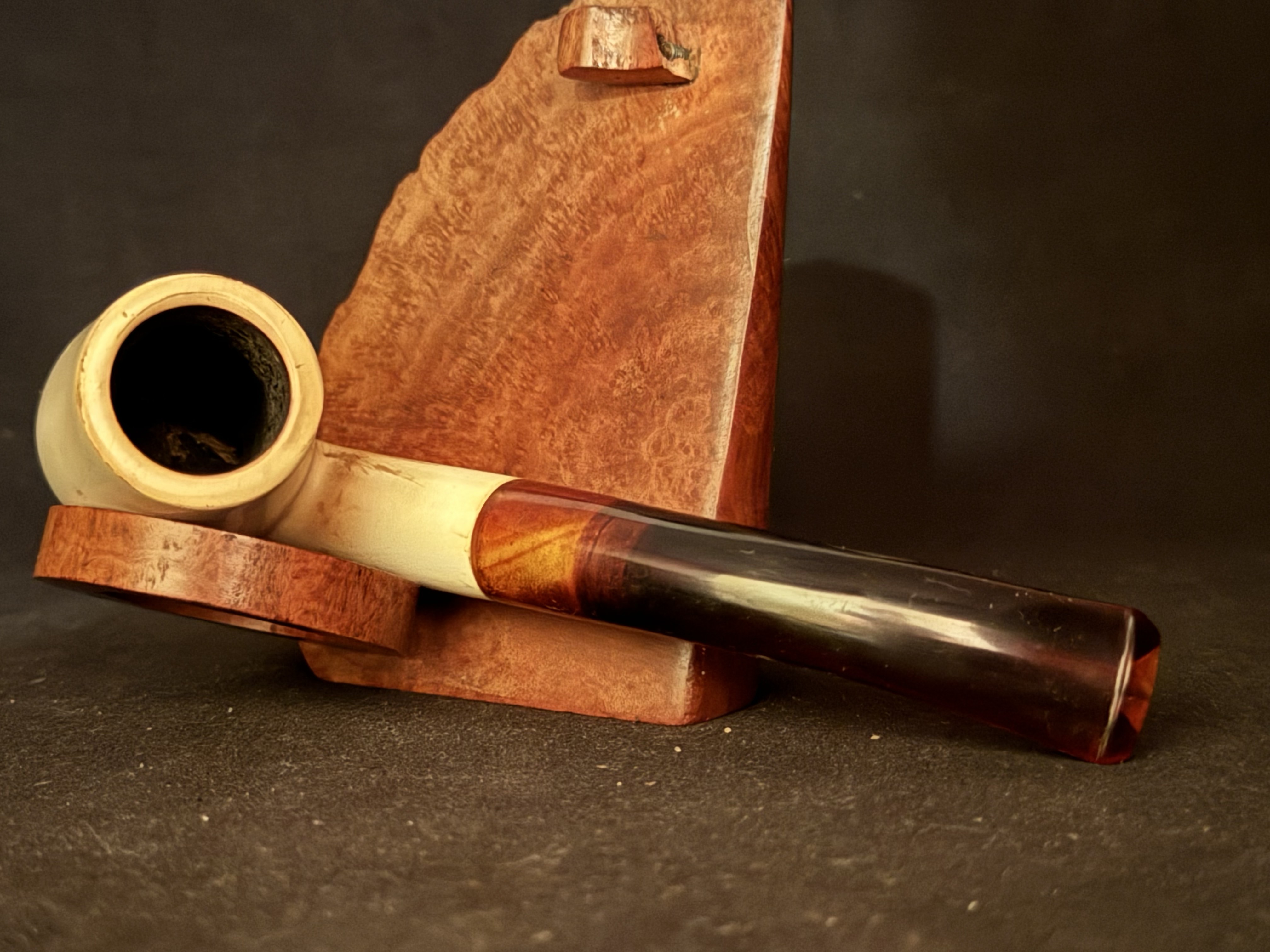 Smooth Bent Brandy Meerschaum Pipe - Red Bakelite Fishtail Stem, 9mm Filter - Estate 5
