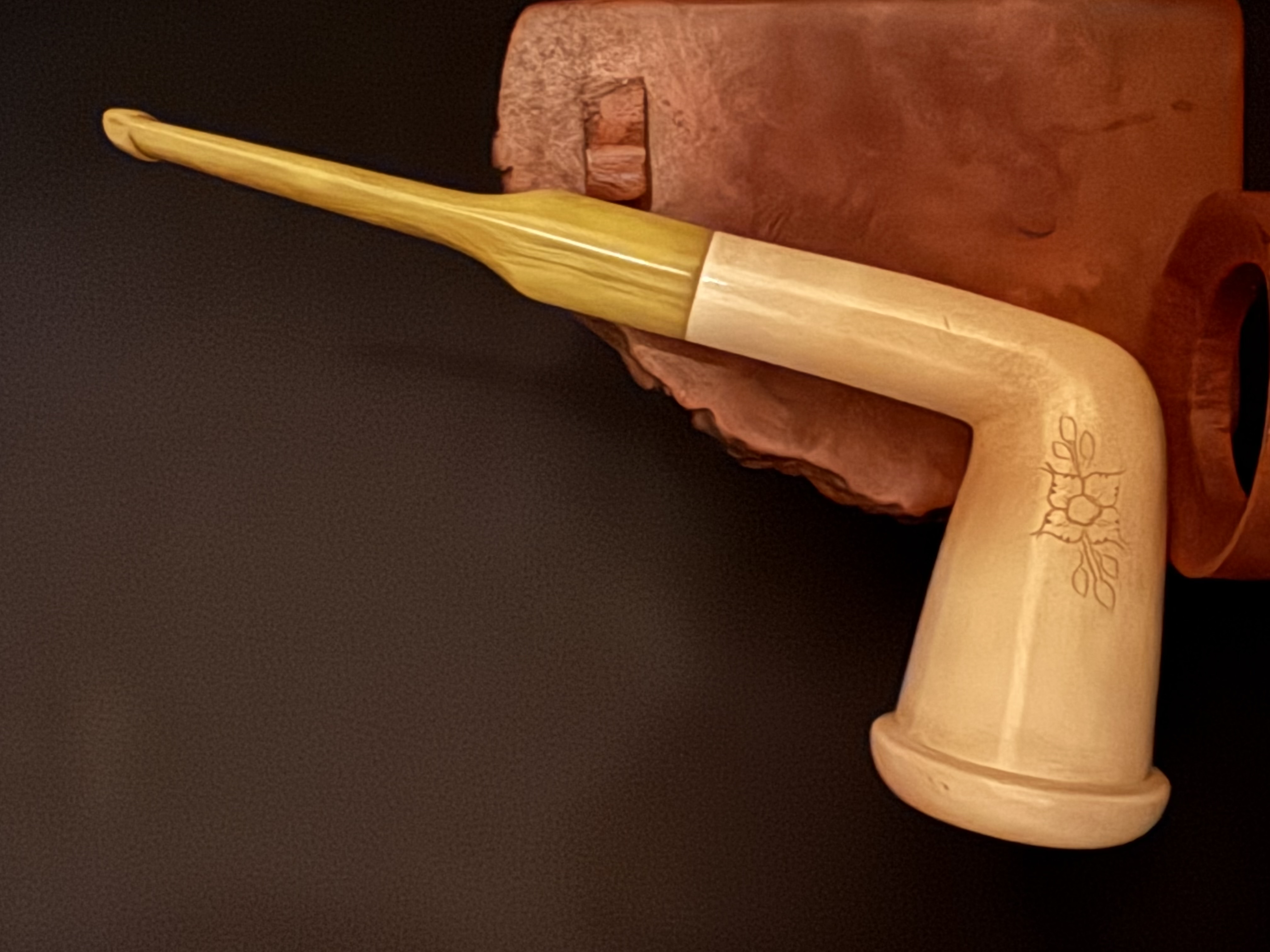 Vintage Turkish Meerschaum Chimney Pipe, Wide Curved Rim, Long Straight Shank, Amber-Color Bakelite Stem, Fishtail Bit
