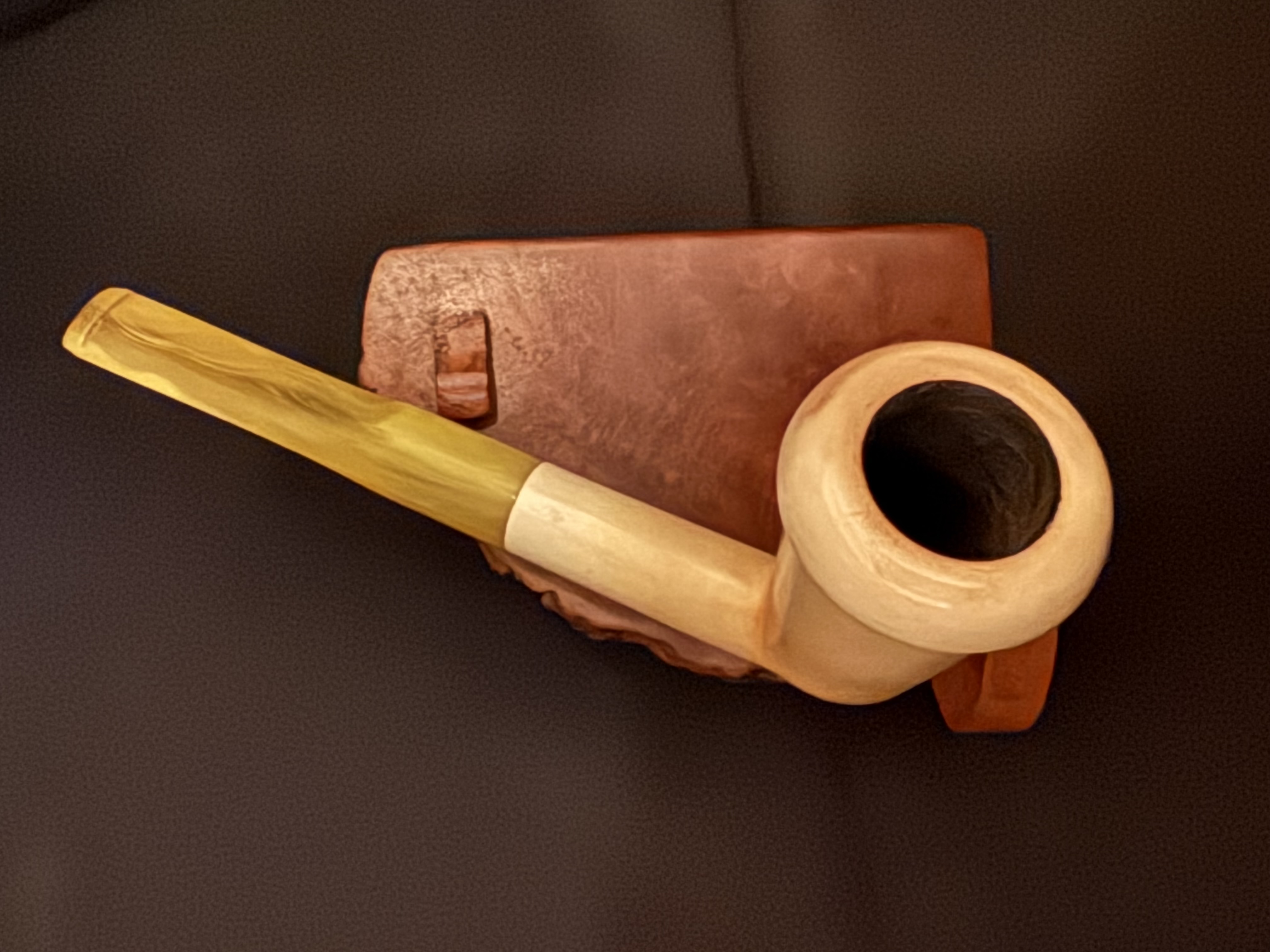 Vintage Turkish Meerschaum Chimney Pipe, Wide Curved Rim, Long Straight Shank, Amber-Color Bakelite Stem, Fishtail Bit 2