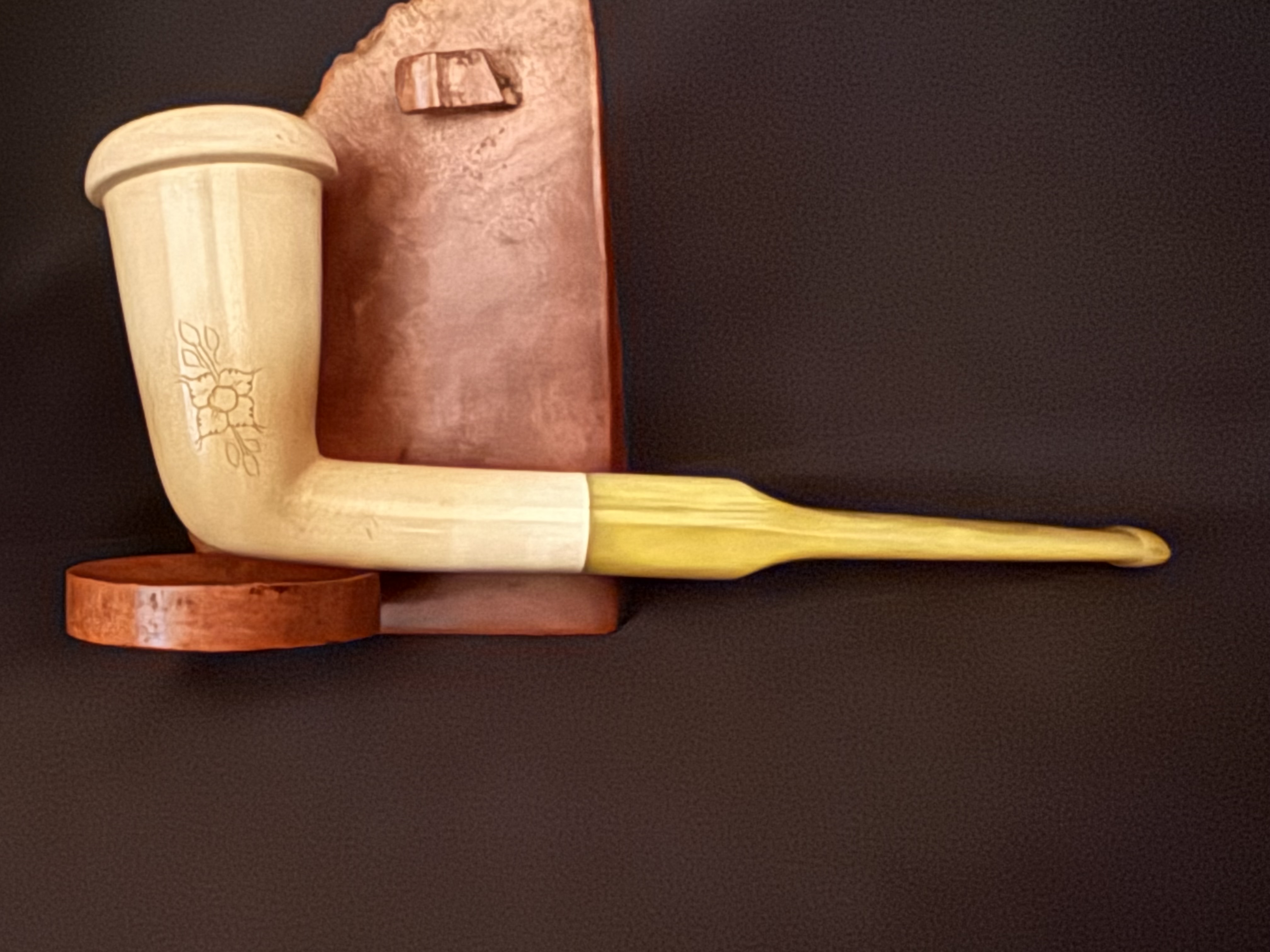 Vintage Turkish Meerschaum Chimney Pipe, Wide Curved Rim, Long Straight Shank, Amber-Color Bakelite Stem, Fishtail Bit 3