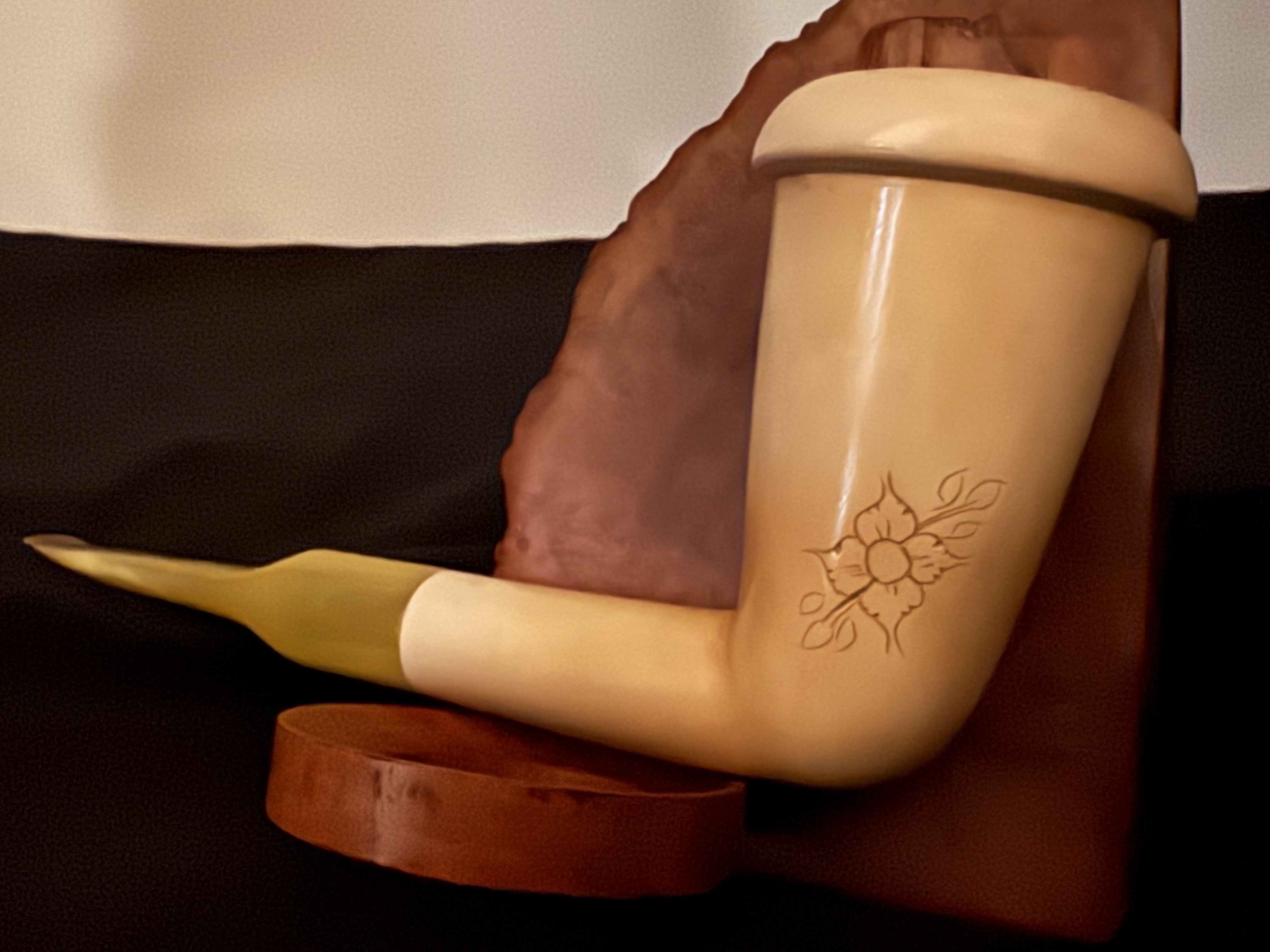 Vintage Turkish Meerschaum Chimney Pipe, Wide Curved Rim, Long Straight Shank, Amber-Color Bakelite Stem, Fishtail Bit 7