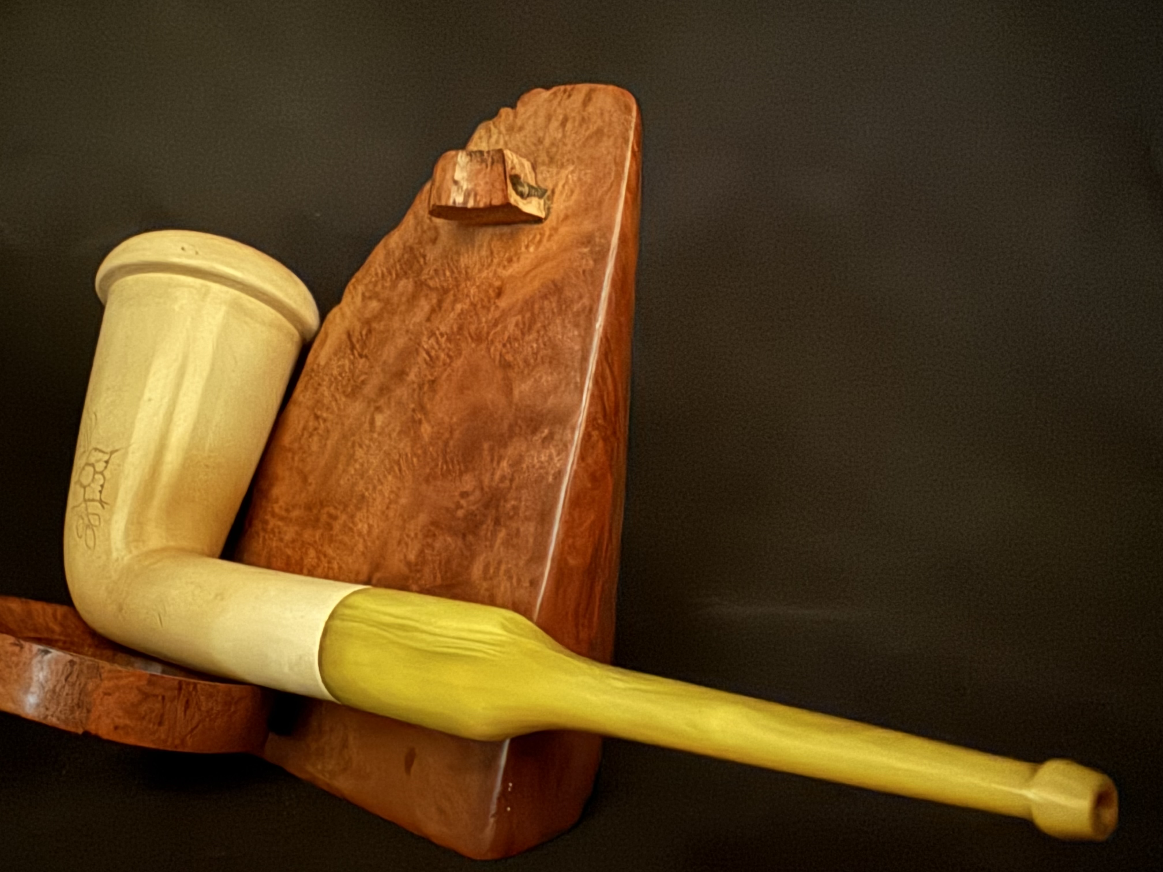 Vintage Turkish Meerschaum Chimney Pipe, Wide Curved Rim, Long Straight Shank, Amber-Color Bakelite Stem, Fishtail Bit 8