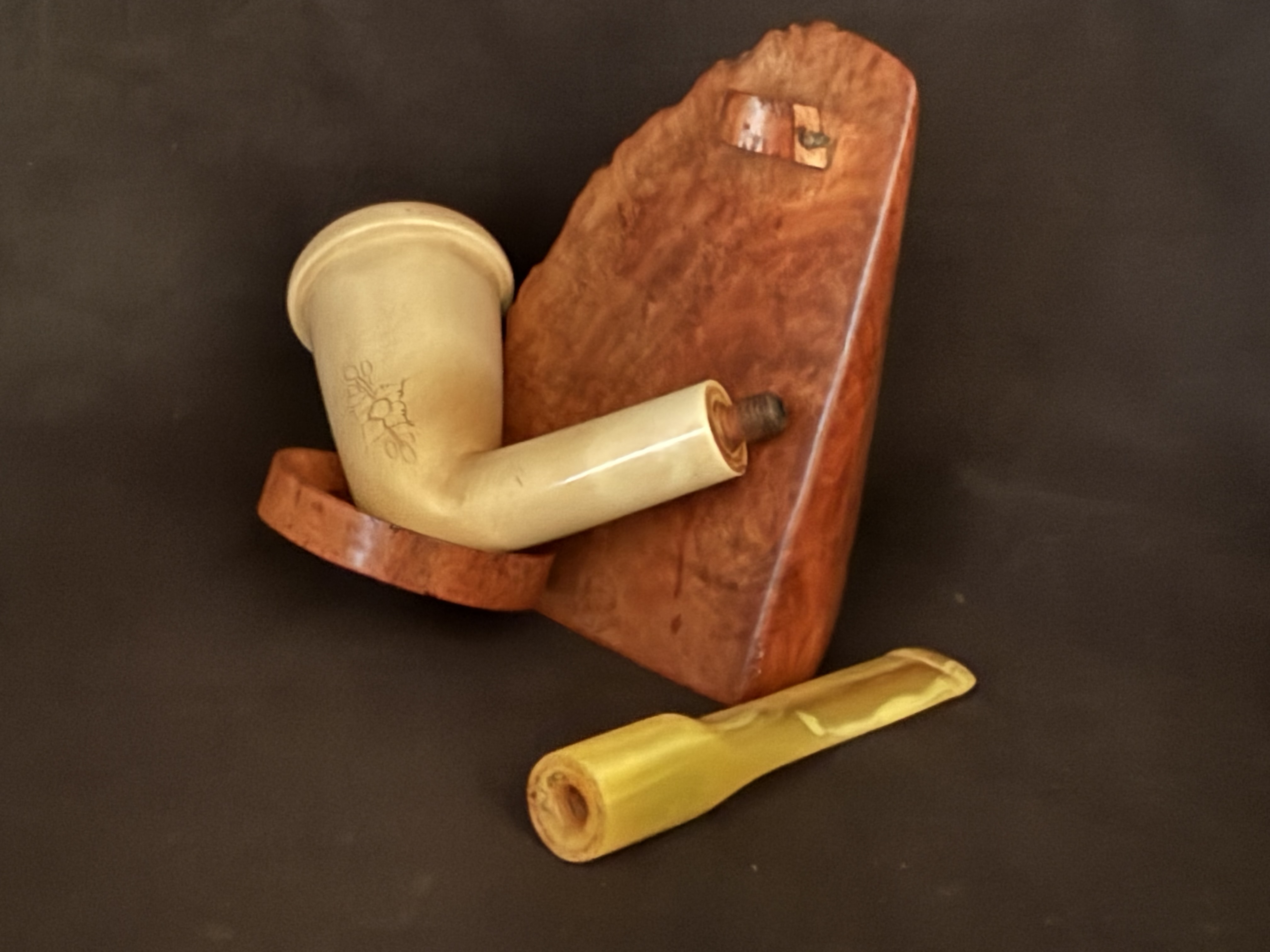 Vintage Turkish Meerschaum Chimney Pipe, Wide Curved Rim, Long Straight Shank, Amber-Color Bakelite Stem, Fishtail Bit 9