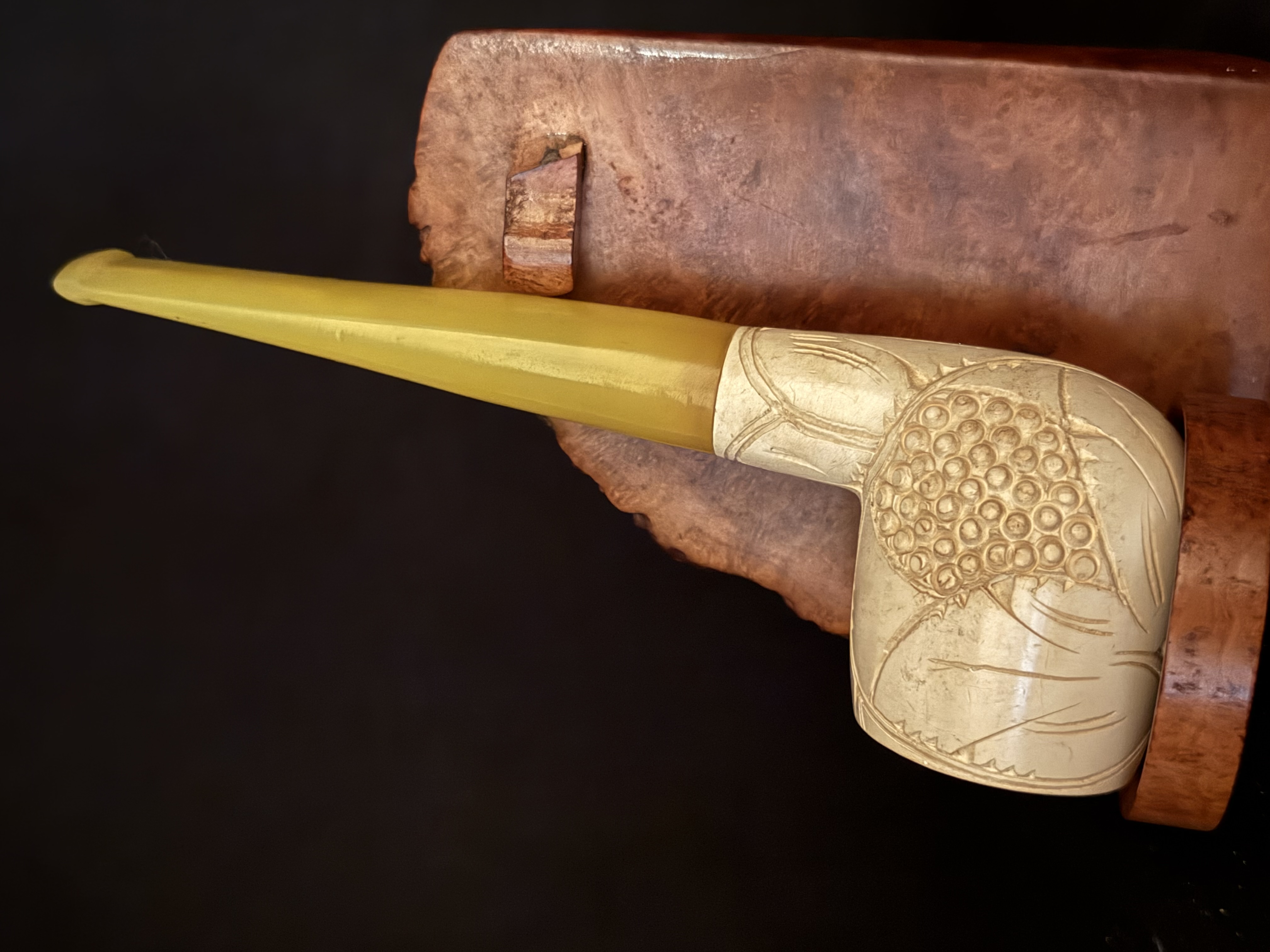 Vintage Turkish Meerschaum Straight Pot Pipe, Carved Bowl, Yellow Tapered Stem, Fishtail Bit, Original Fitted Case