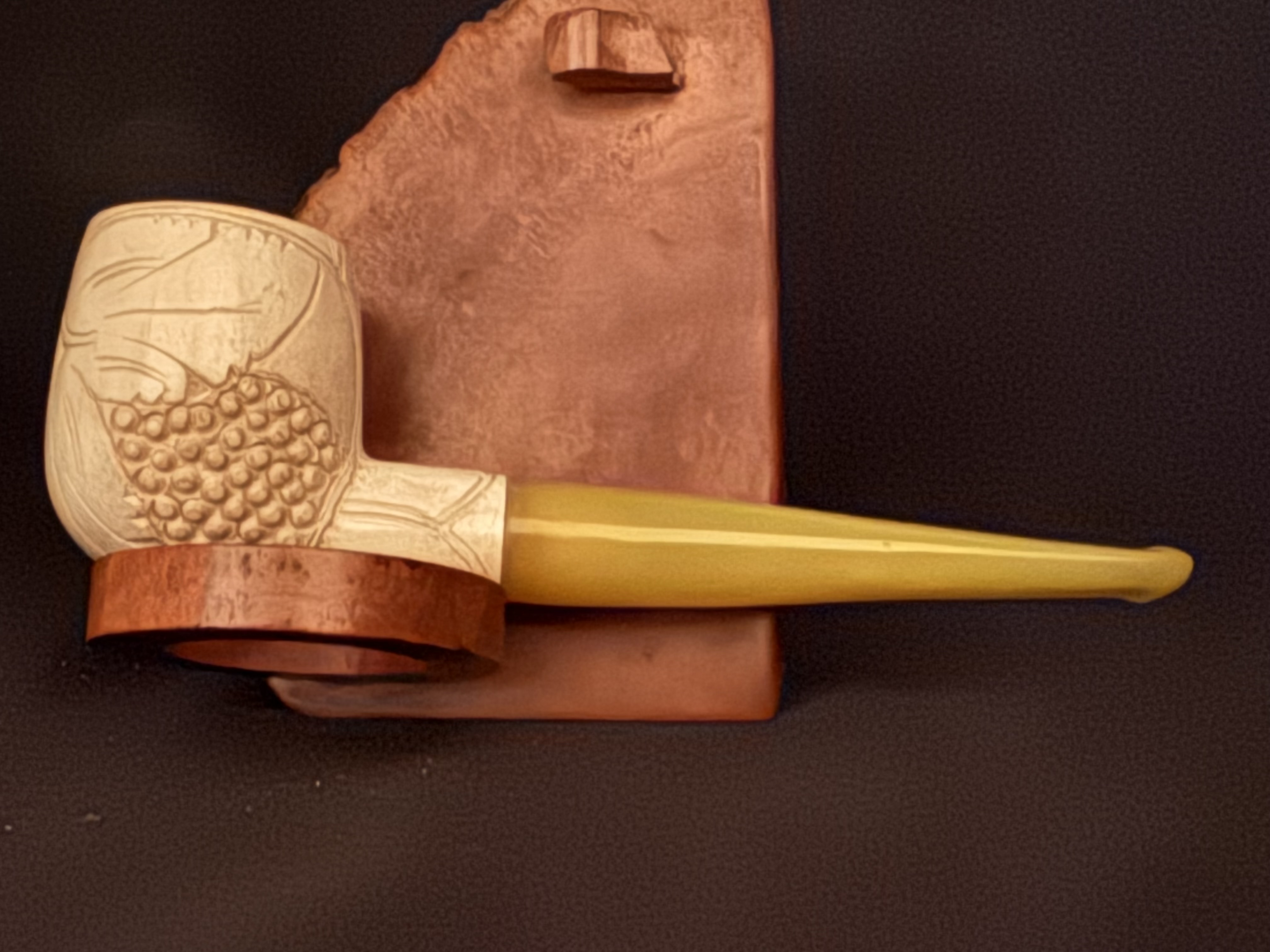 Vintage Turkish Meerschaum Straight Pot Pipe, Carved Bowl, Yellow Tapered Stem, Fishtail Bit, Original Fitted Case 3
