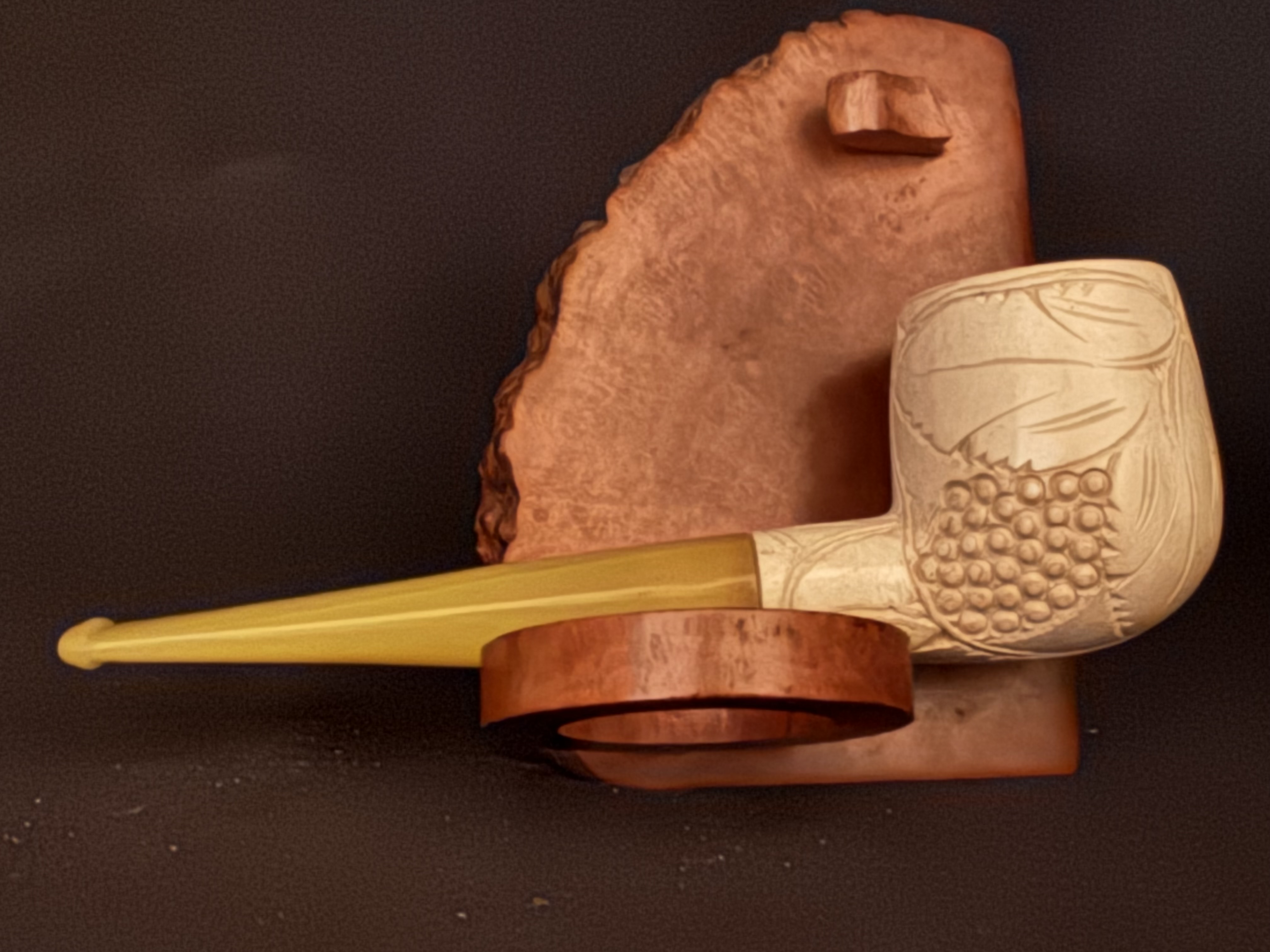 Vintage Turkish Meerschaum Straight Pot Pipe, Carved Bowl, Yellow Tapered Stem, Fishtail Bit, Original Fitted Case 4