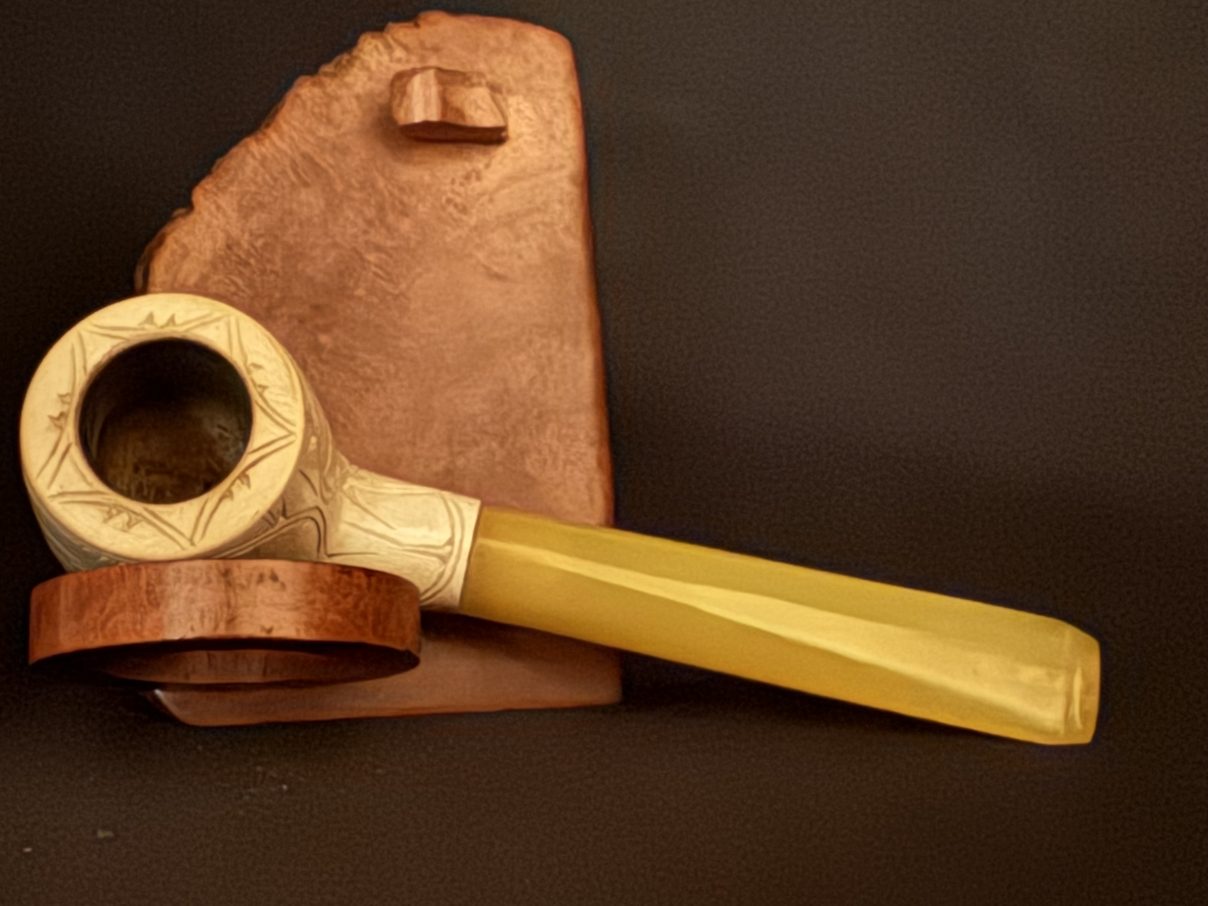 Vintage Turkish Meerschaum Straight Pot Pipe, Carved Bowl, Yellow Tapered Stem, Fishtail Bit, Original Fitted Case 5