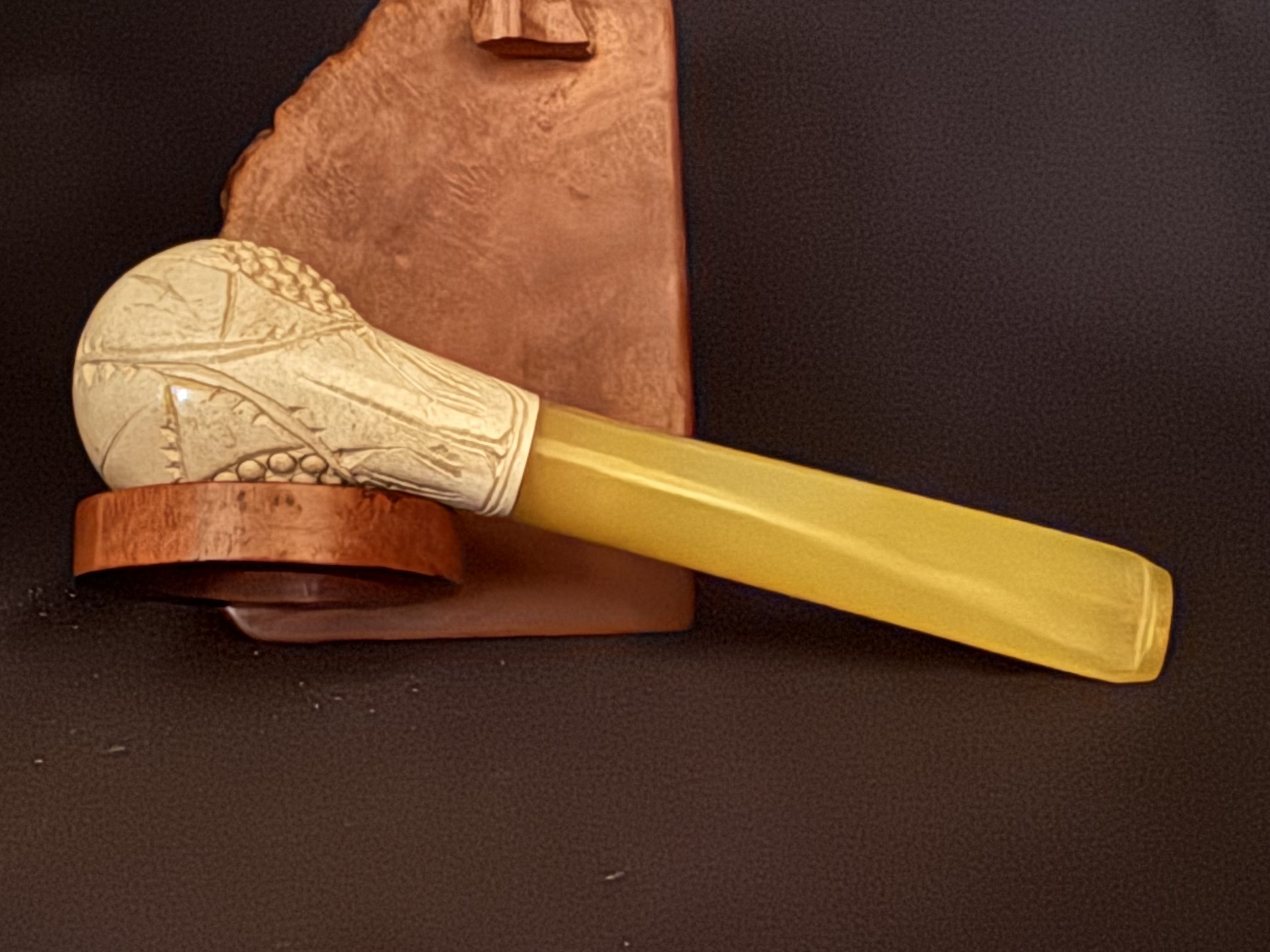 Vintage Turkish Meerschaum Straight Pot Pipe, Carved Bowl, Yellow Tapered Stem, Fishtail Bit, Original Fitted Case 6