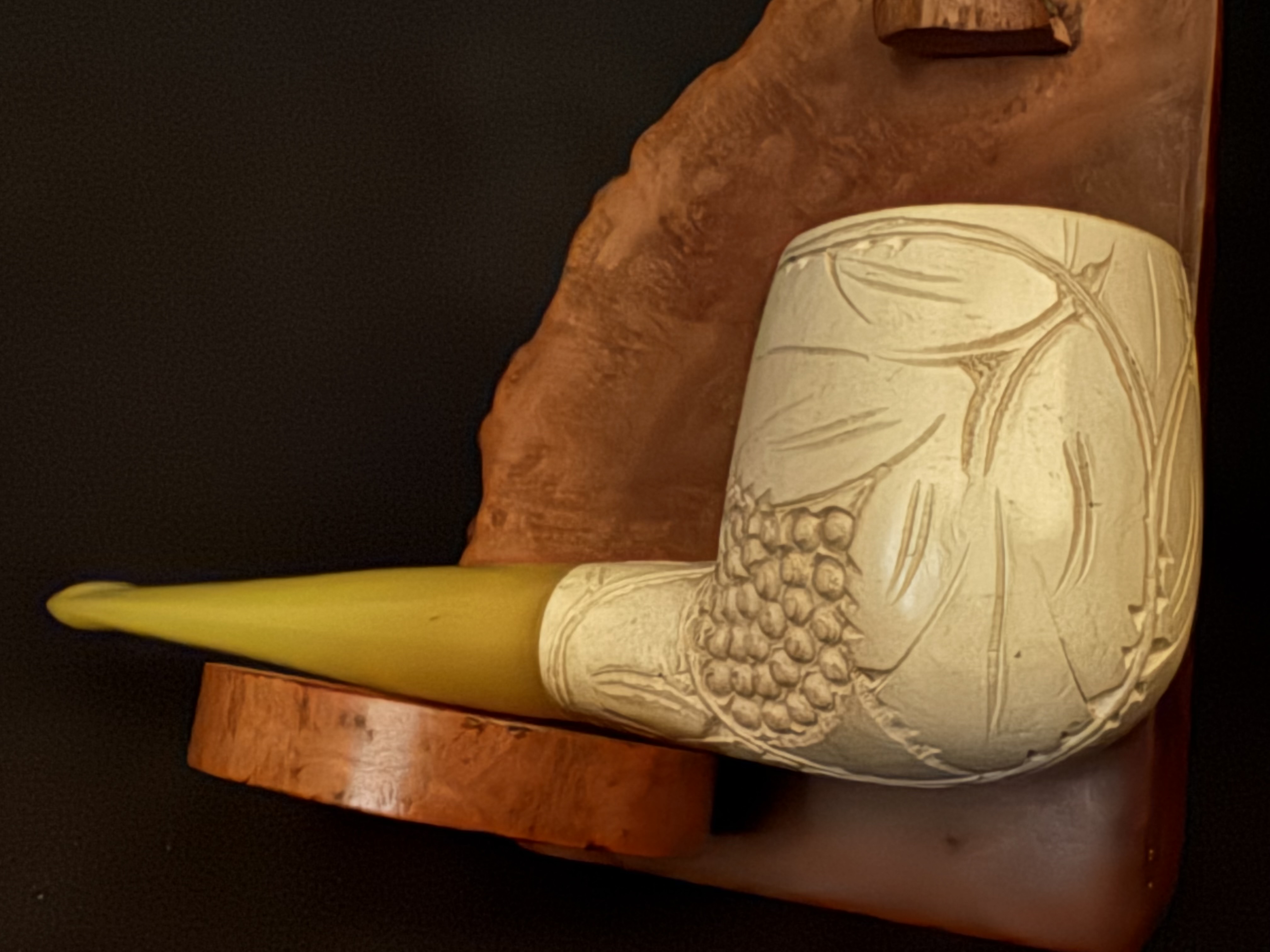 Vintage Turkish Meerschaum Straight Pot Pipe, Carved Bowl, Yellow Tapered Stem, Fishtail Bit, Original Fitted Case 7