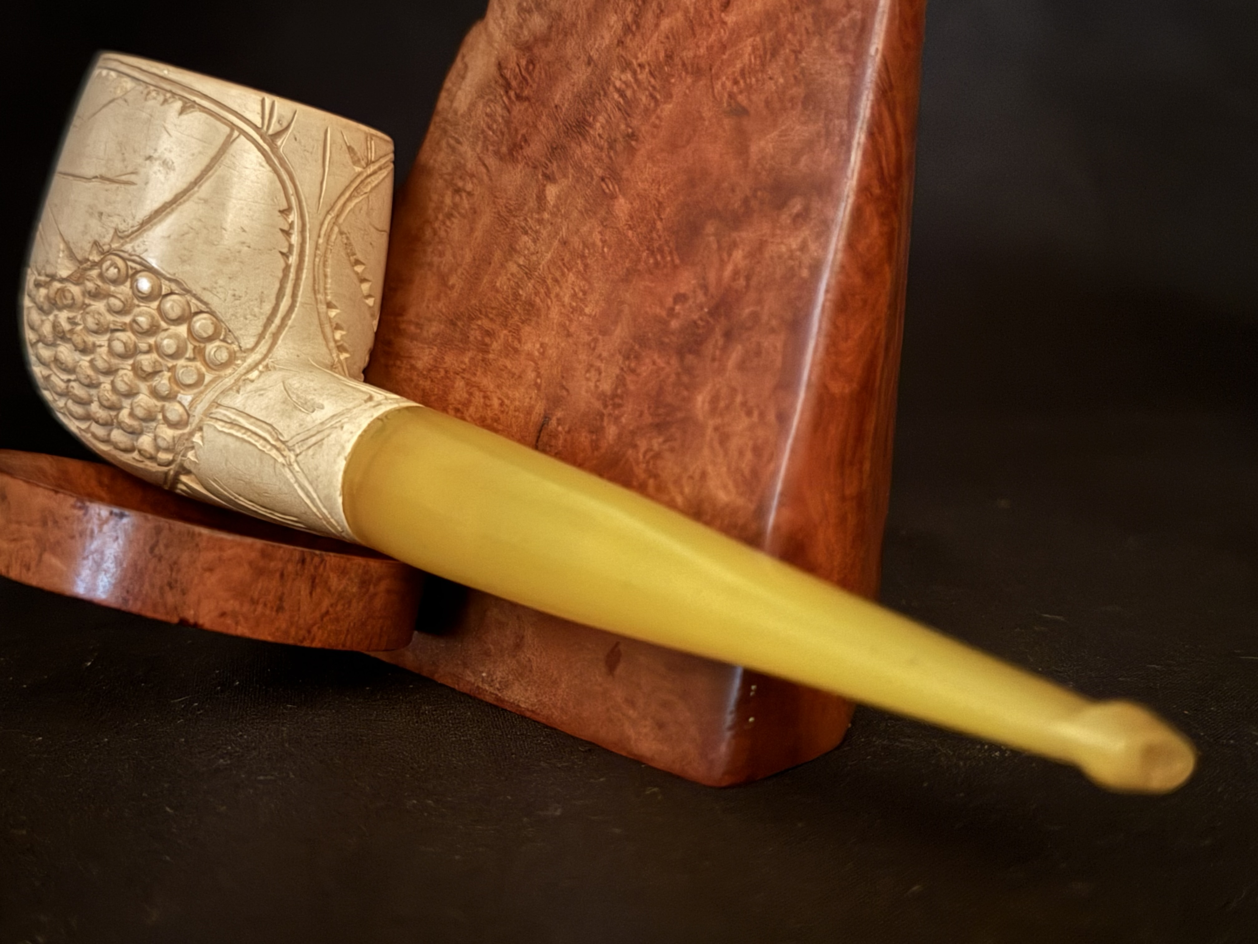 Vintage Turkish Meerschaum Straight Pot Pipe, Carved Bowl, Yellow Tapered Stem, Fishtail Bit, Original Fitted Case 8