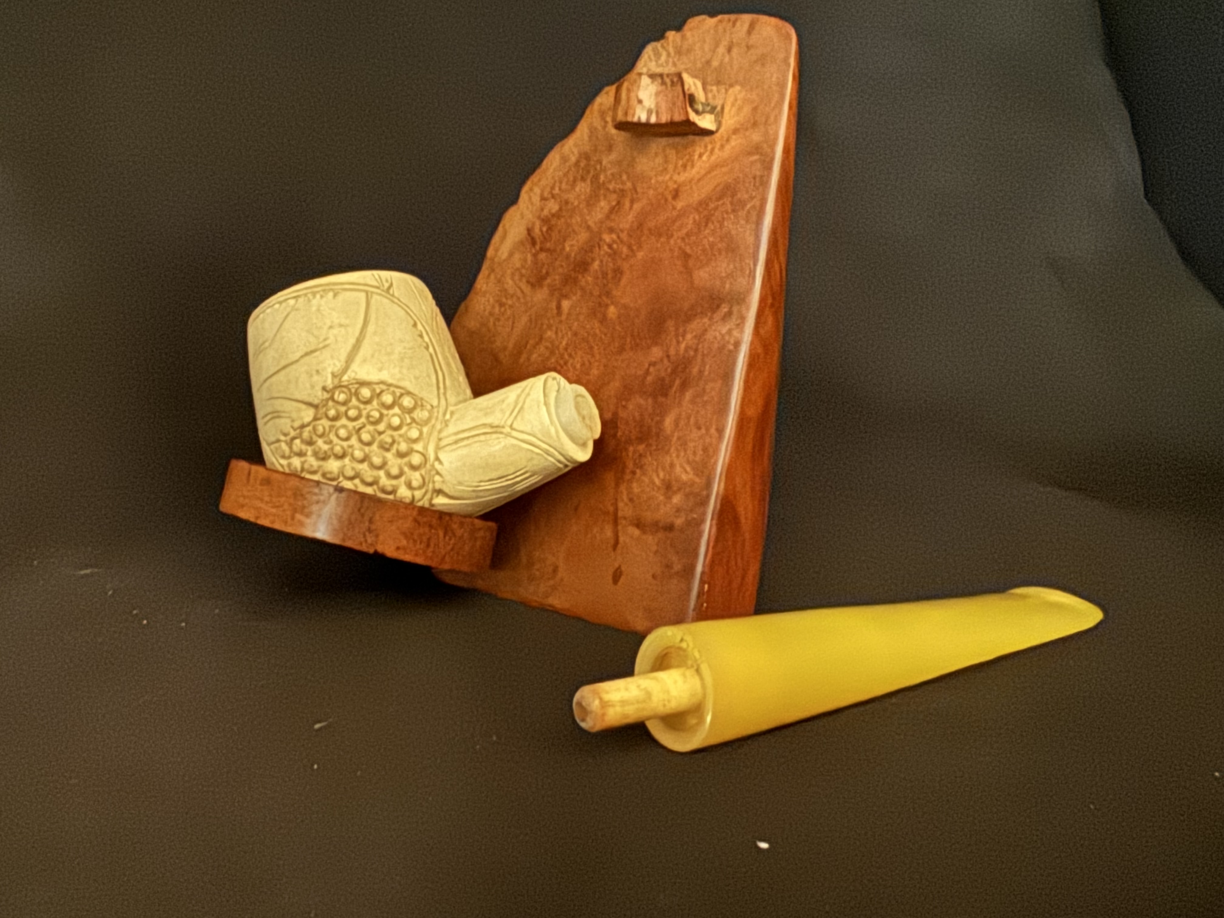 Vintage Turkish Meerschaum Straight Pot Pipe, Carved Bowl, Yellow Tapered Stem, Fishtail Bit, Original Fitted Case 9