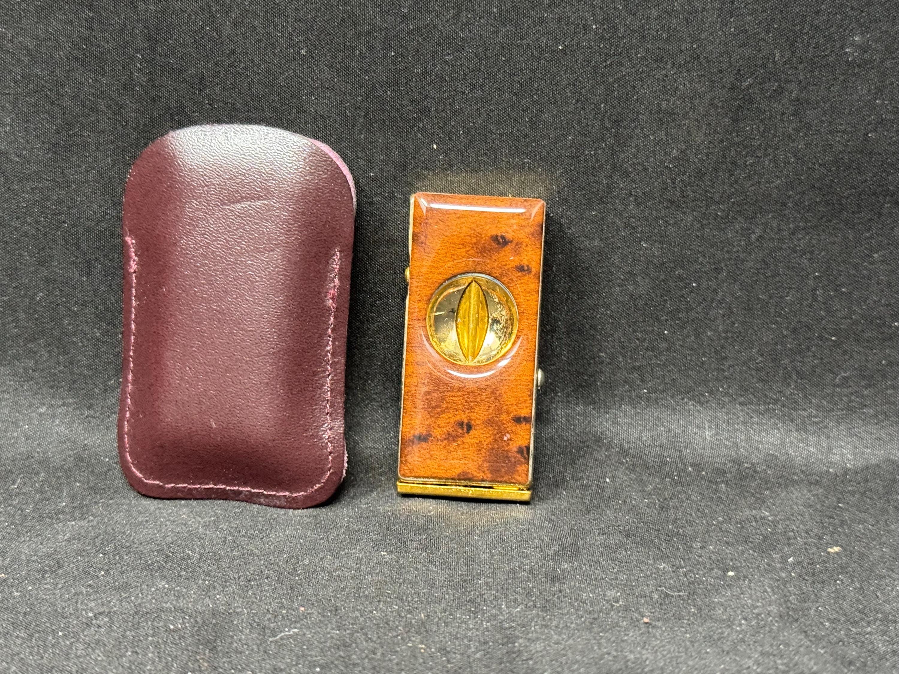 Vintage V-Cutter Cigar Cutter Push-Button Mechanism Marbleized Resin Brass