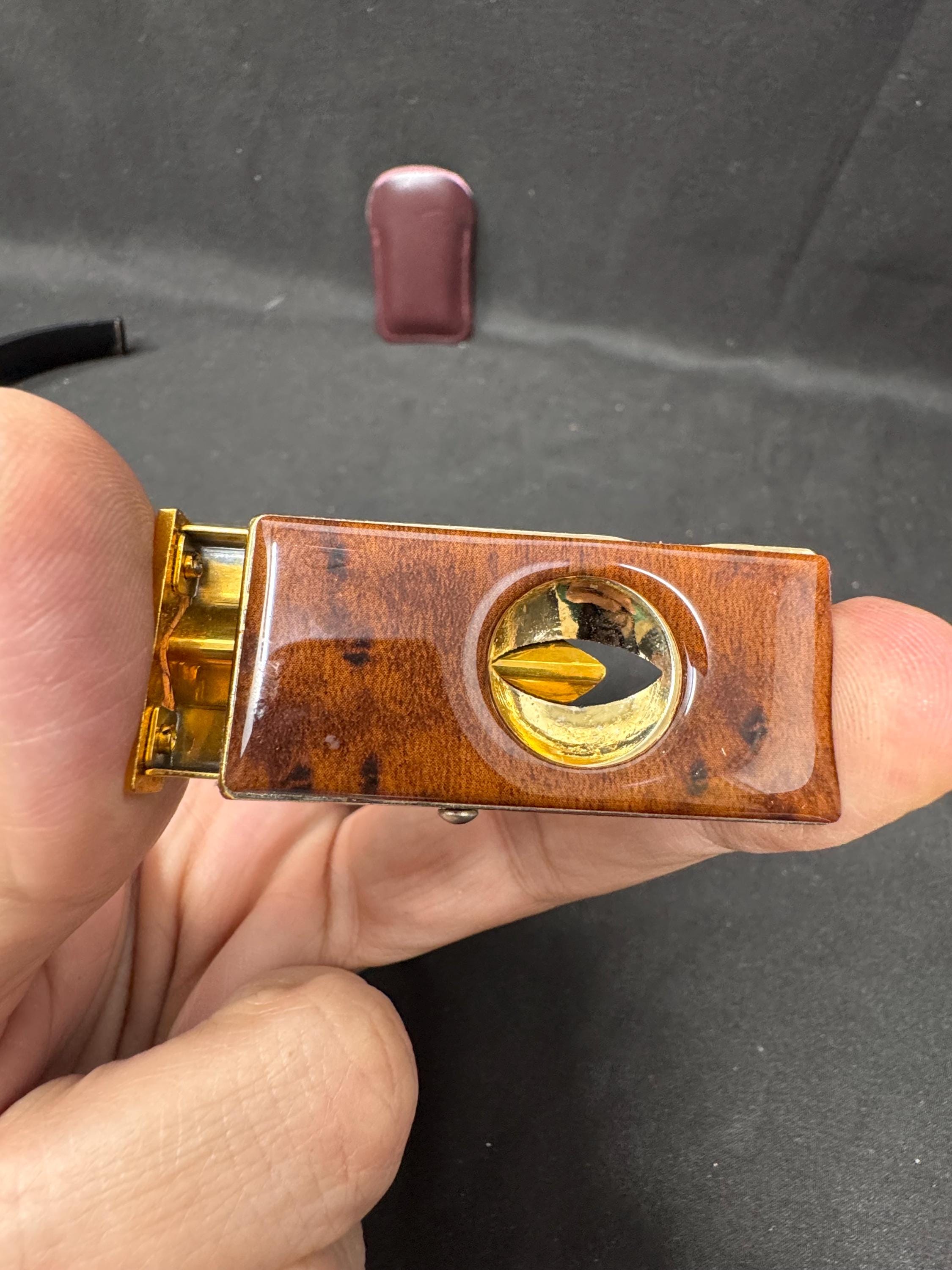Vintage V-Cutter Cigar Cutter Push-Button Mechanism Marbleized Resin Brass 6